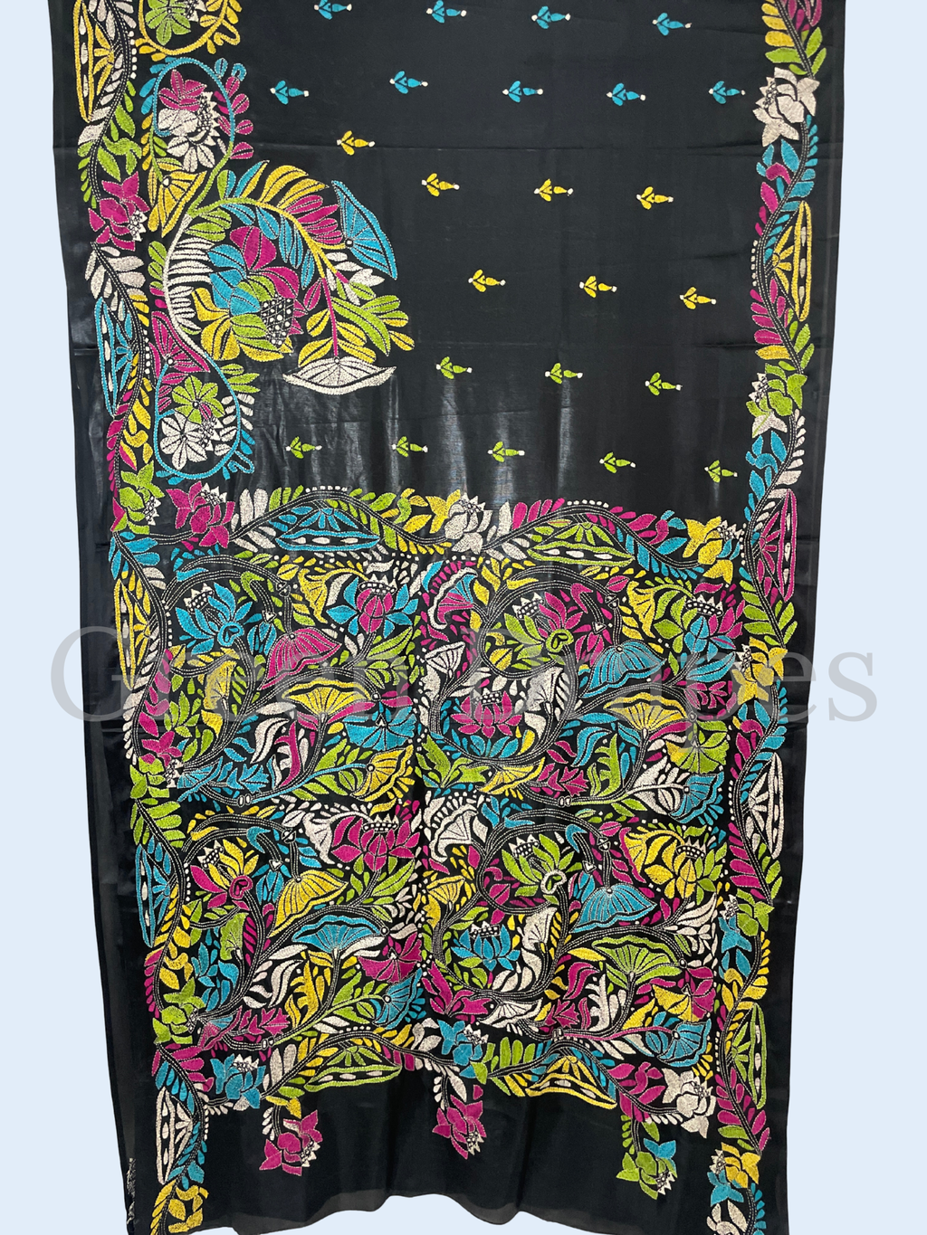 Handcrafted Black Kantha Stitch Silk Saree – Multicolour Floral Embroidery | Bengal Kantha Saree