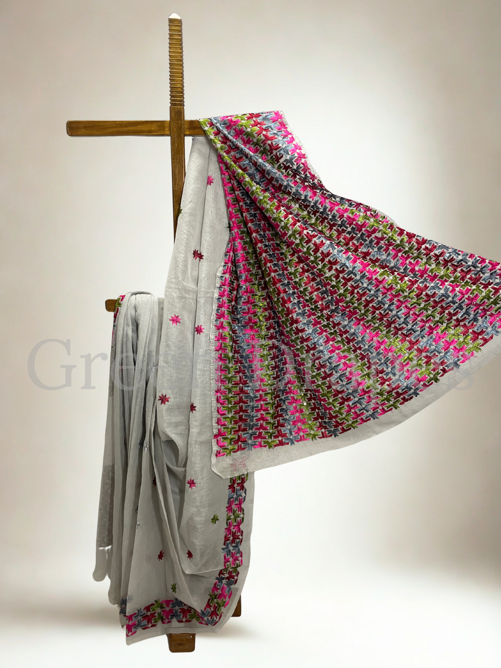 Grey Kota Doria Saree with Vibrant Multicolour Phulkari Embroidery | Festive & Lightweight