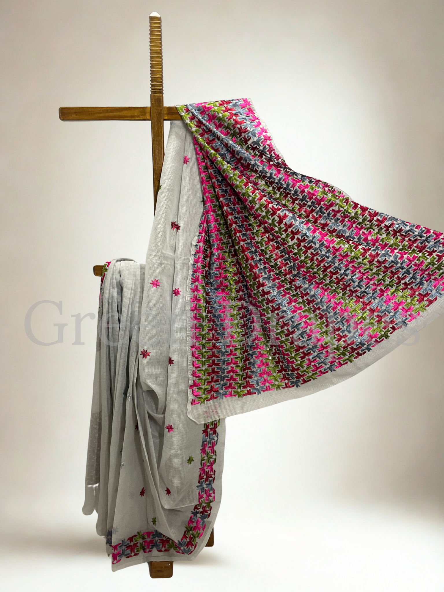 Grey Kota Doria Saree with Vibrant Multicolour Phulkari Embroidery | Festive & Lightweight