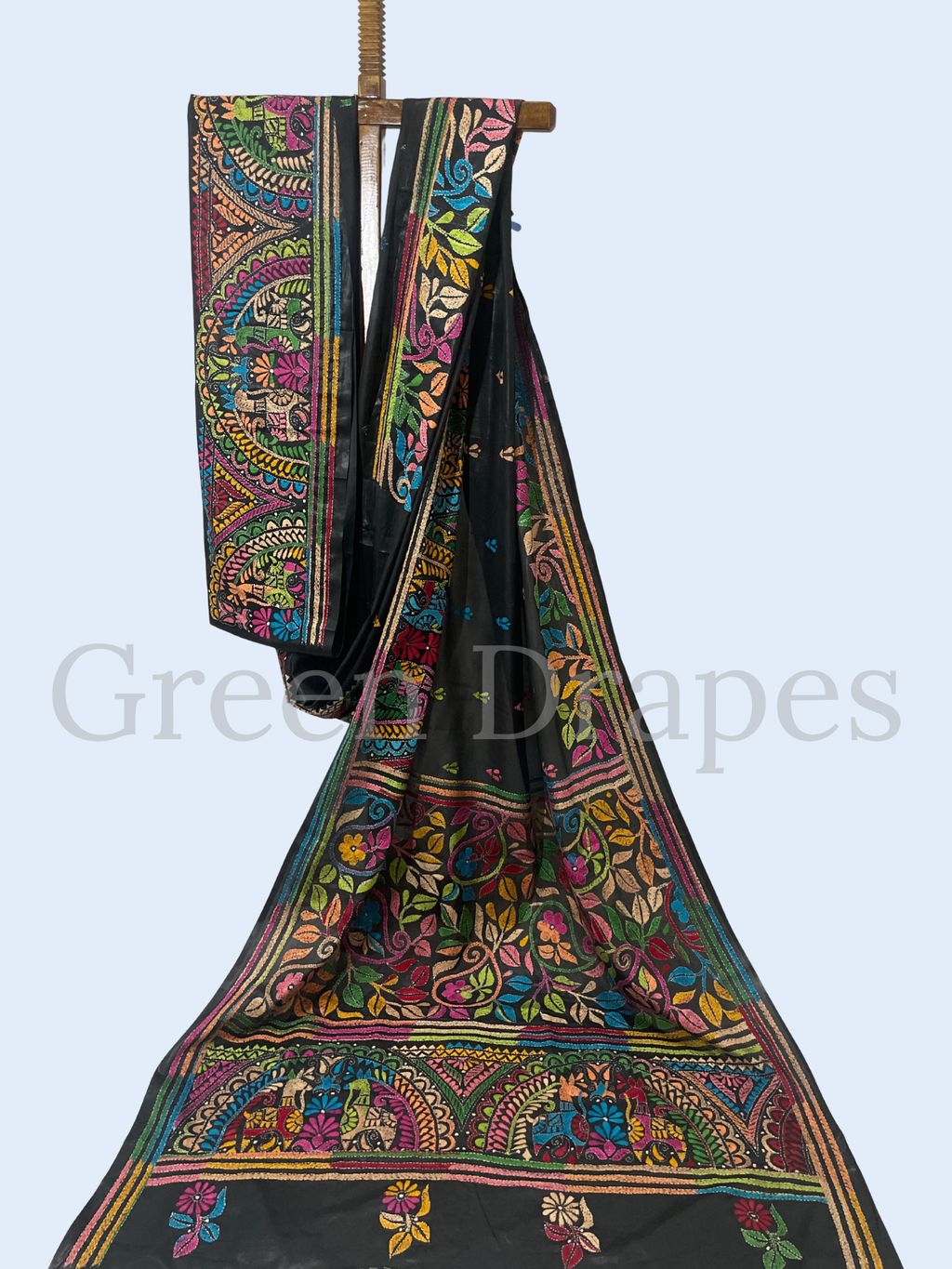 Hand Embroidered Black Kantha Stitch Silk Saree – Multicolour Folk & Floral Thread Work | Bengal Heritage Saree