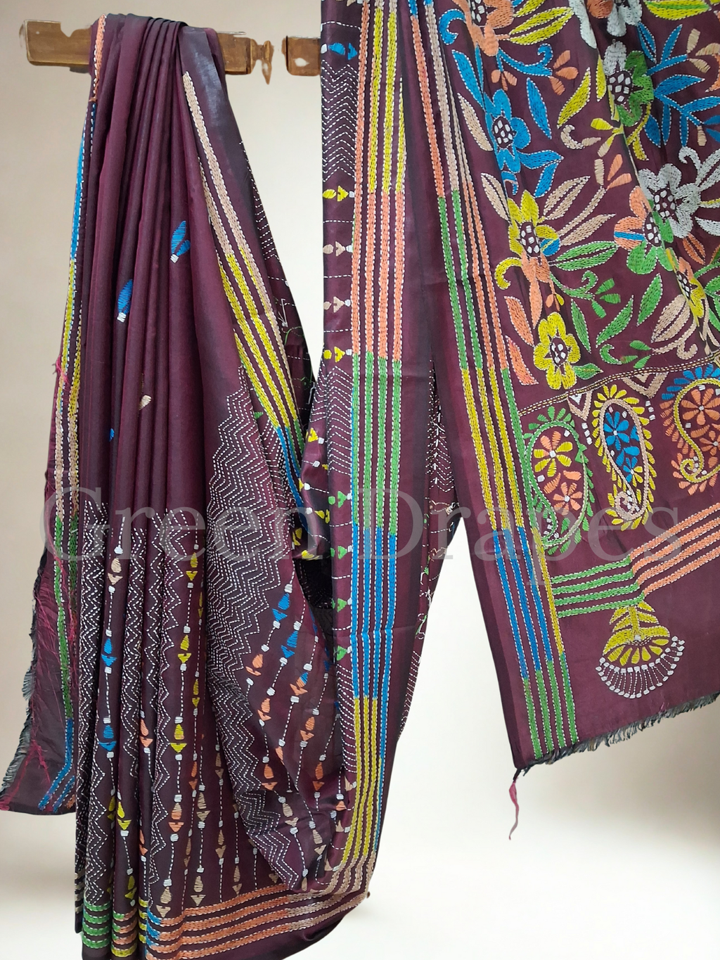 Hand-Embroidered Kantha Saree — Wine / Plum Base