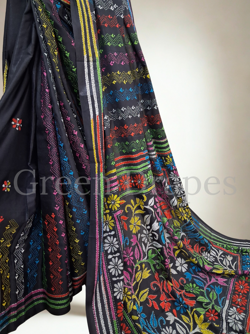 Kantha Style Multicolour Embroidered Art Silk Saree — Black Base