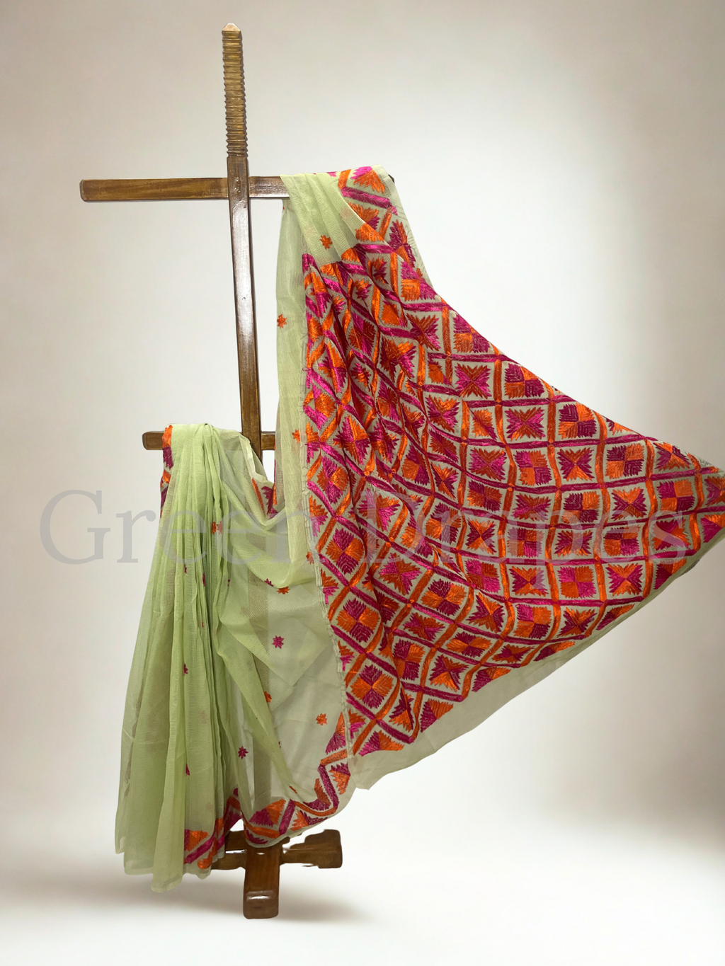 Handcrafted Phulkari Embroidered Kota Doria Saree- fresh Lime Green
