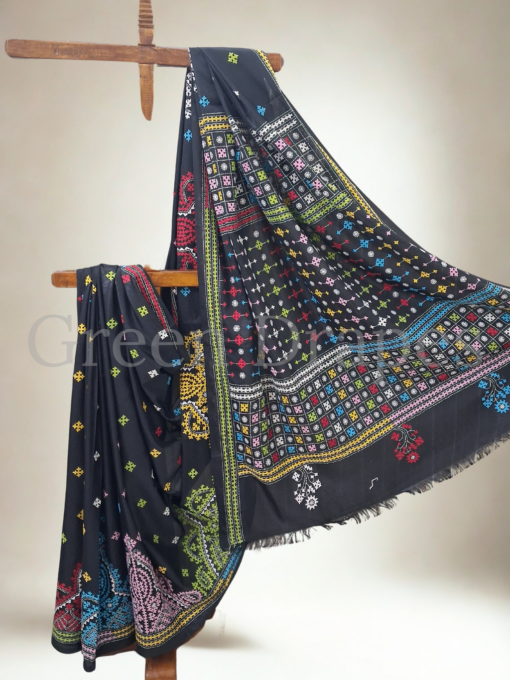 Gujarati Embroidered Blended Bangalore Silk Saree — Black Multicolour