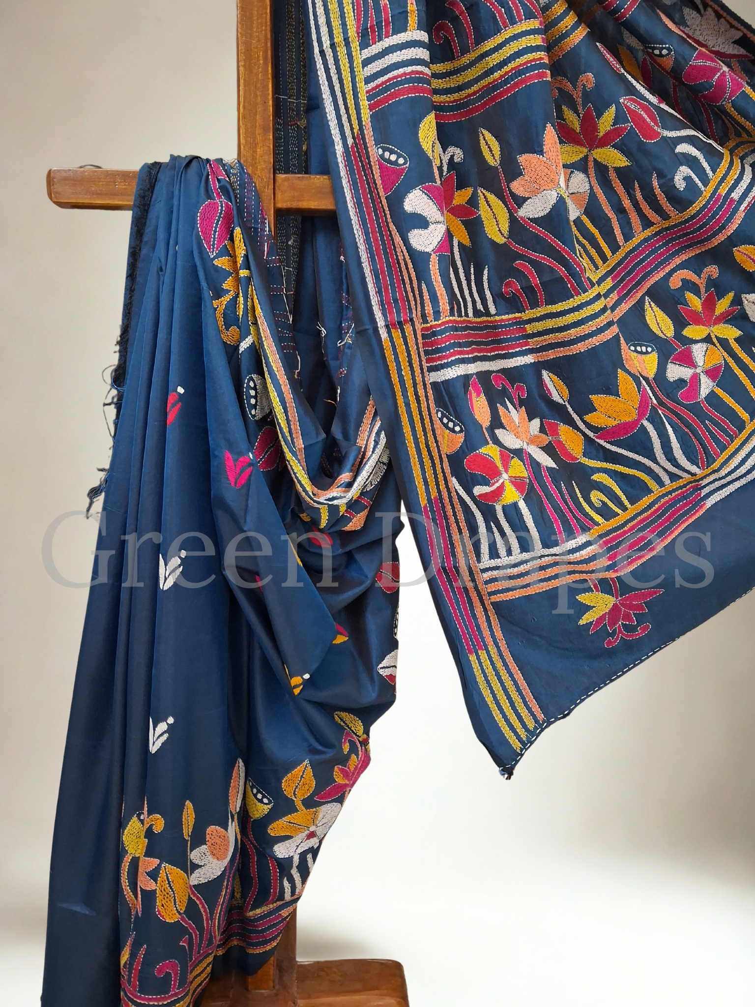 Kantha Style Lotus & Floral Embroidered Art Silk Saree — Deep Blue Base