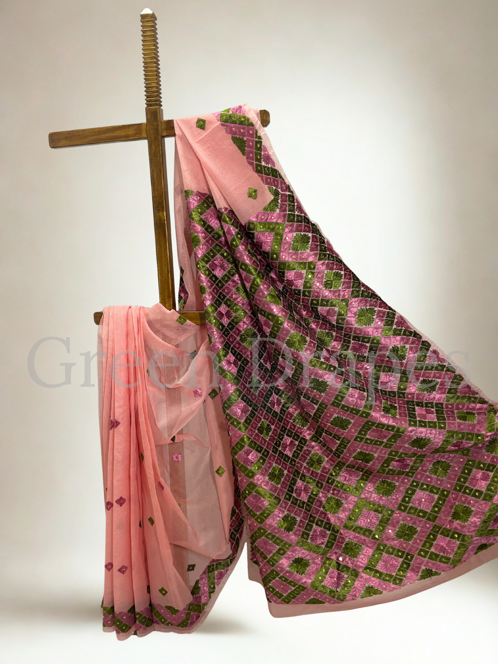 Pink & Green Phulkari Embroidered Kota Doria Saree | Lightweight Festive Wear
