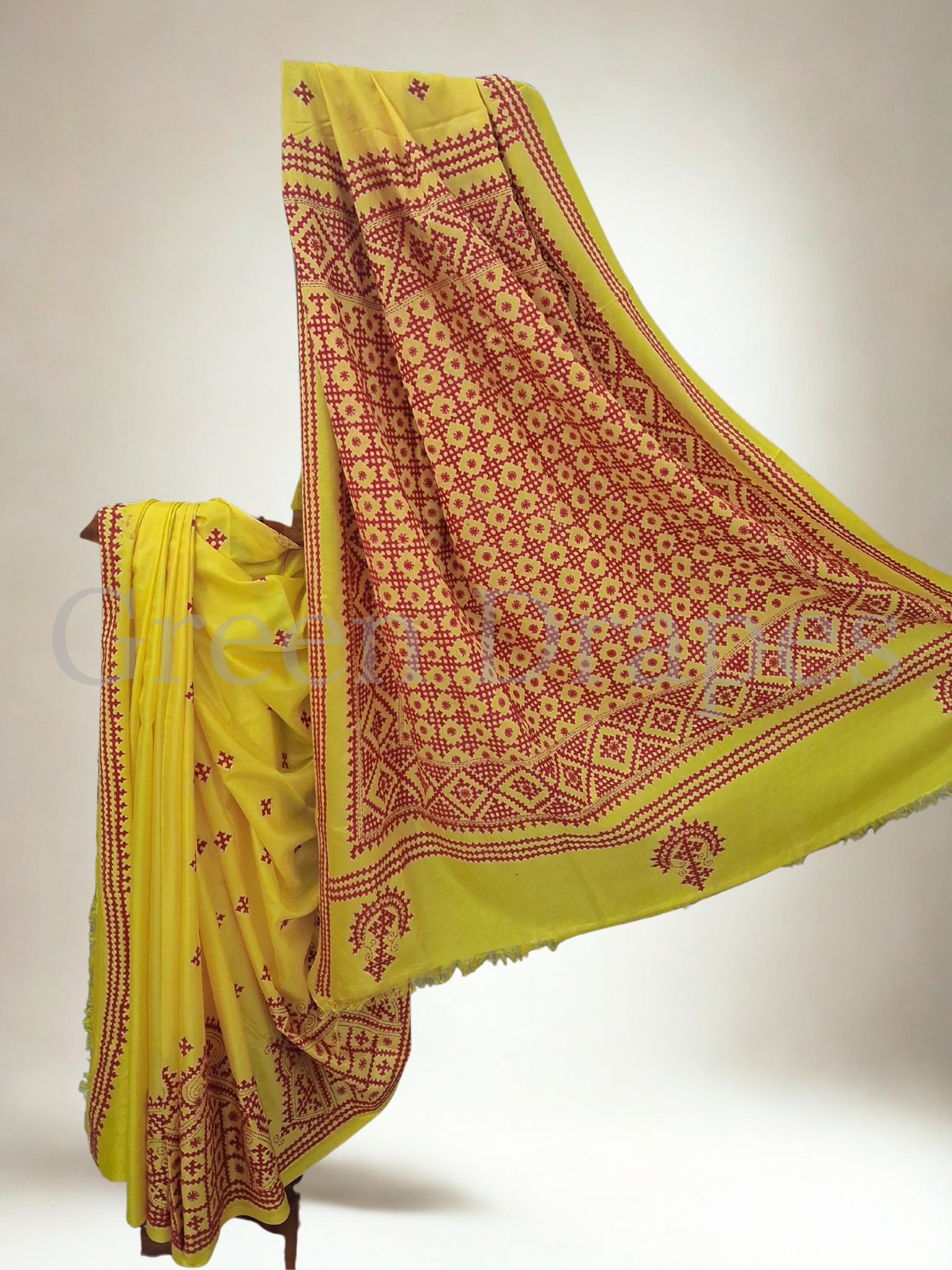 Gujarati Embroidered Blended Bangalore Silk Saree — Yellow & Red