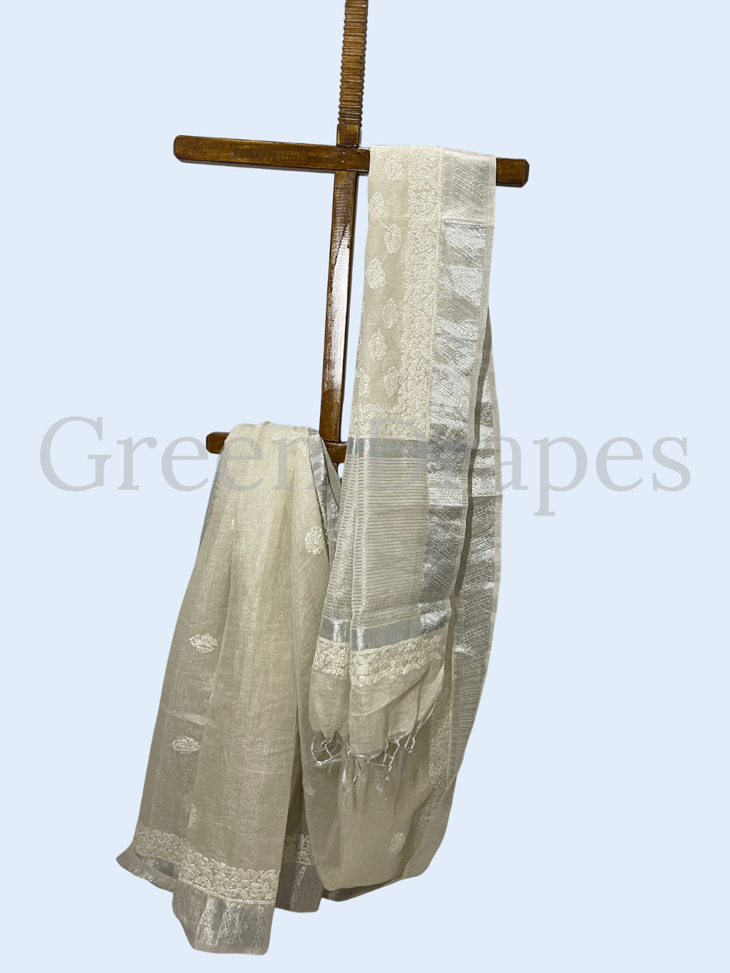 Handcrafted Ivory Chikankari Organza Saree – White Thread Work & Woven Border | Lucknowi Chikan Saree