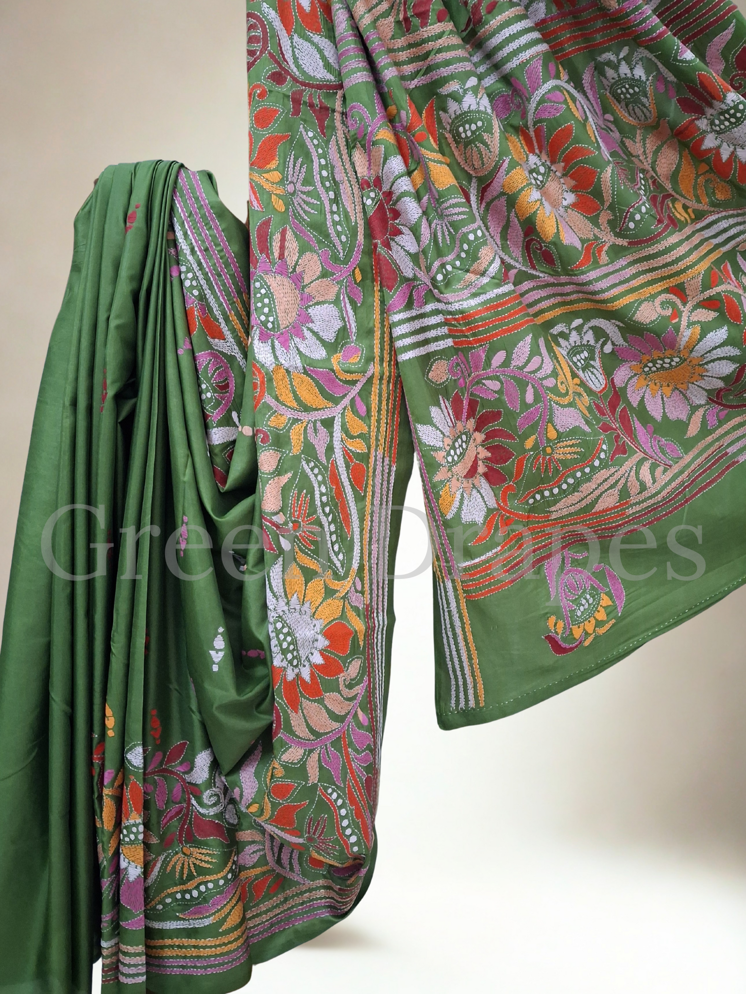 Kantha Style Multicolour Floral Embroidered Art Silk Saree — Olive Green Base