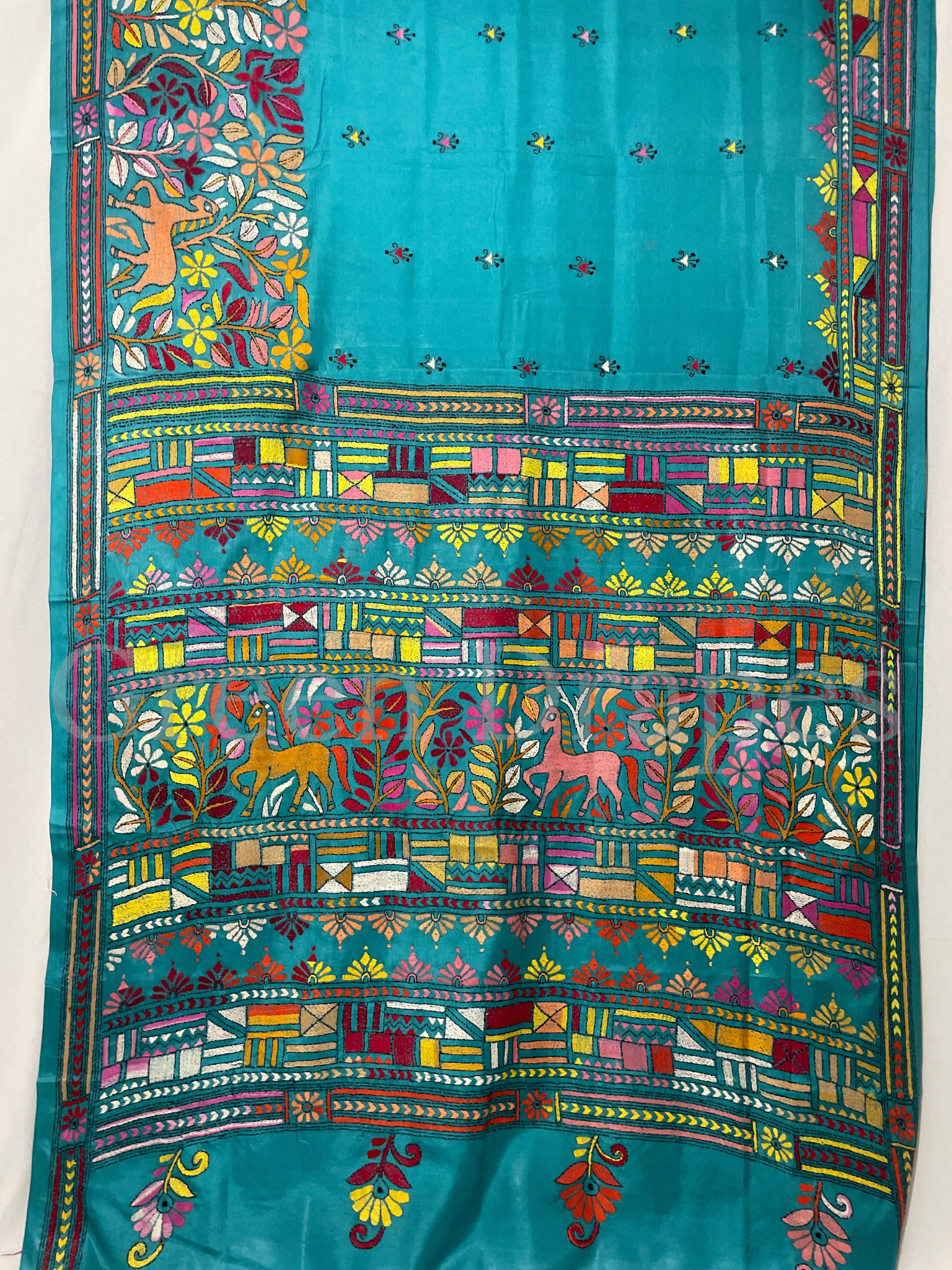 Handcrafted Turquoise Kantha Stitch Silk Saree – Multicolour Folk Art Embroidery | Bengal Heritage Saree