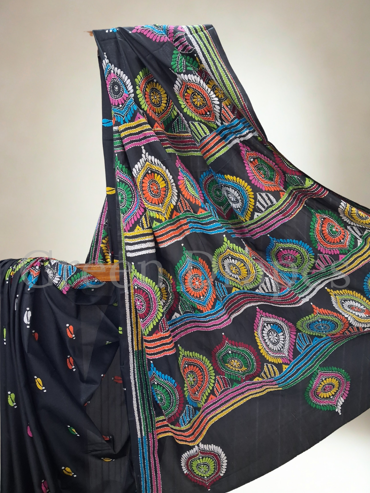 Kantha Style Multicolour Embroidered Art Silk Saree — Black Base