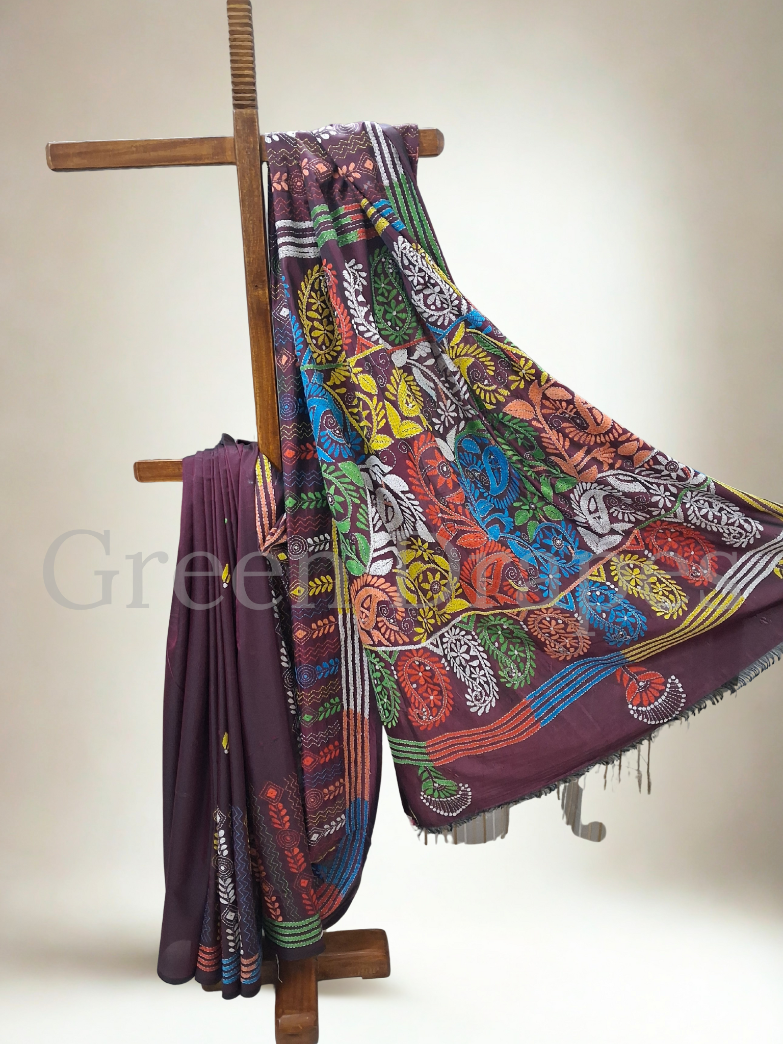 Handcrafted Kantha Saree – Deep Wine Base with Multicolour Embroidery
