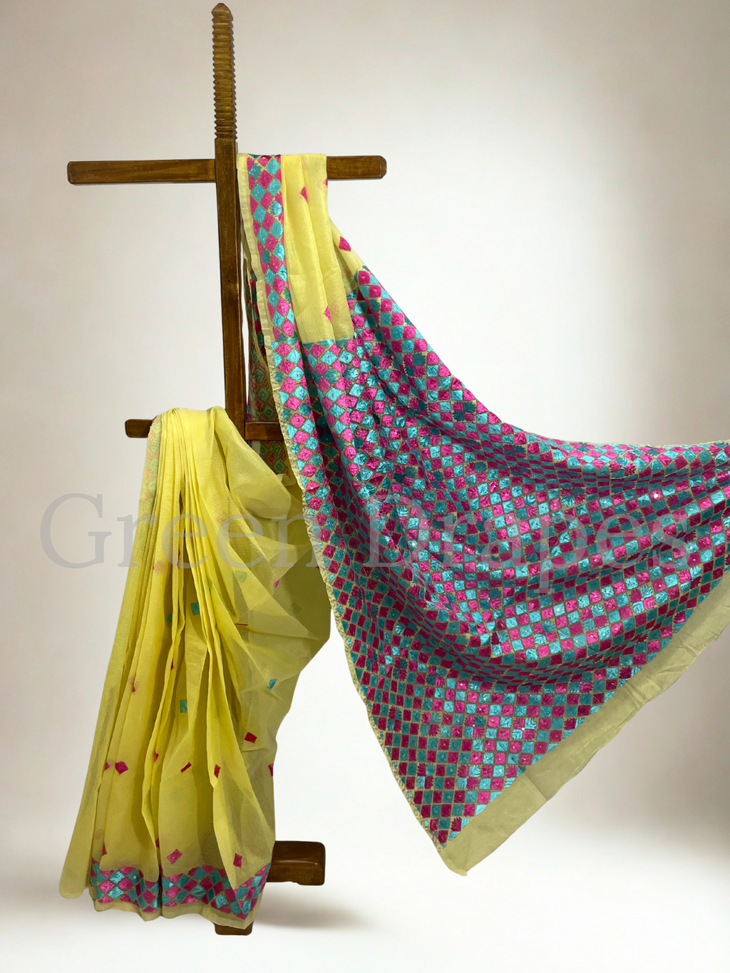 Heavy Phulkari Embroidered Kota Doria Saree – Sunshine Yellow