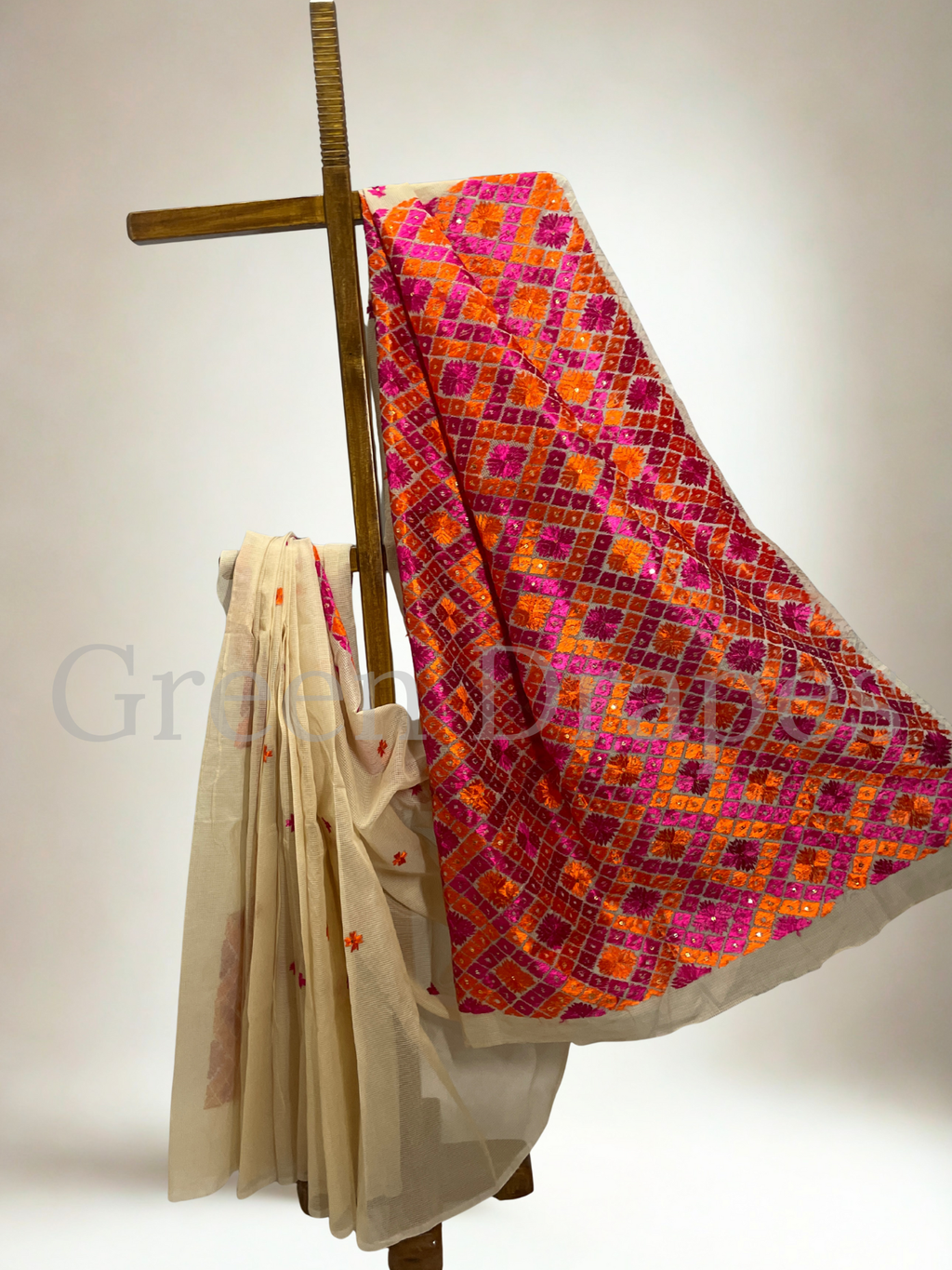 Ivory Kota Doria Saree with Pink–Orange Phulkari Embroidery | Festive & Wedding Wear