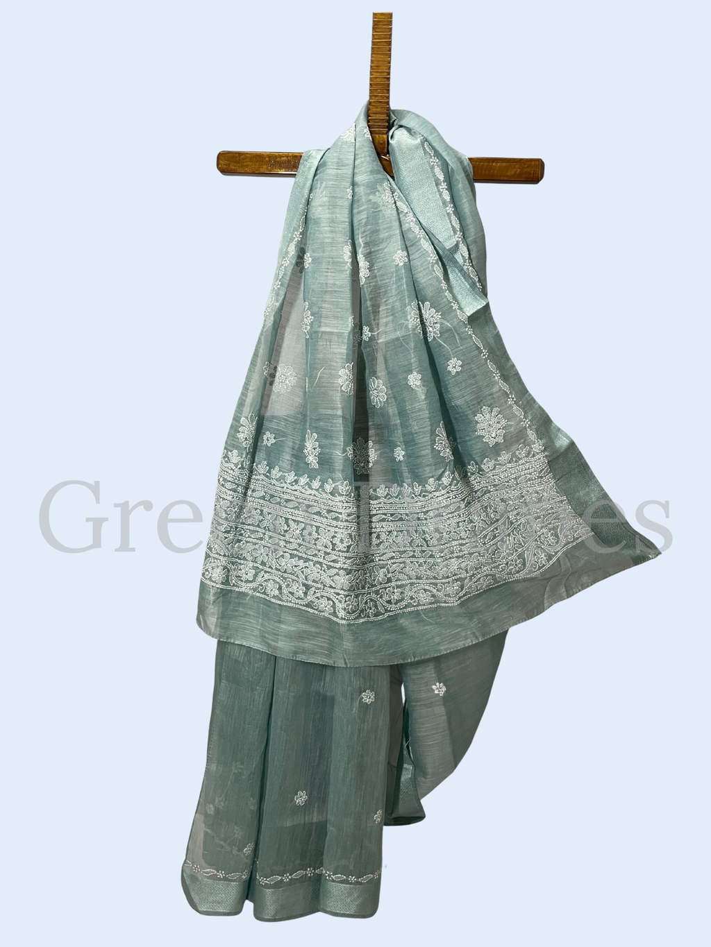 Handcrafted Sage Green Chikankari Organza Saree – White Floral Buti & Heavy Embroidered Border | Lucknowi Chikan Saree