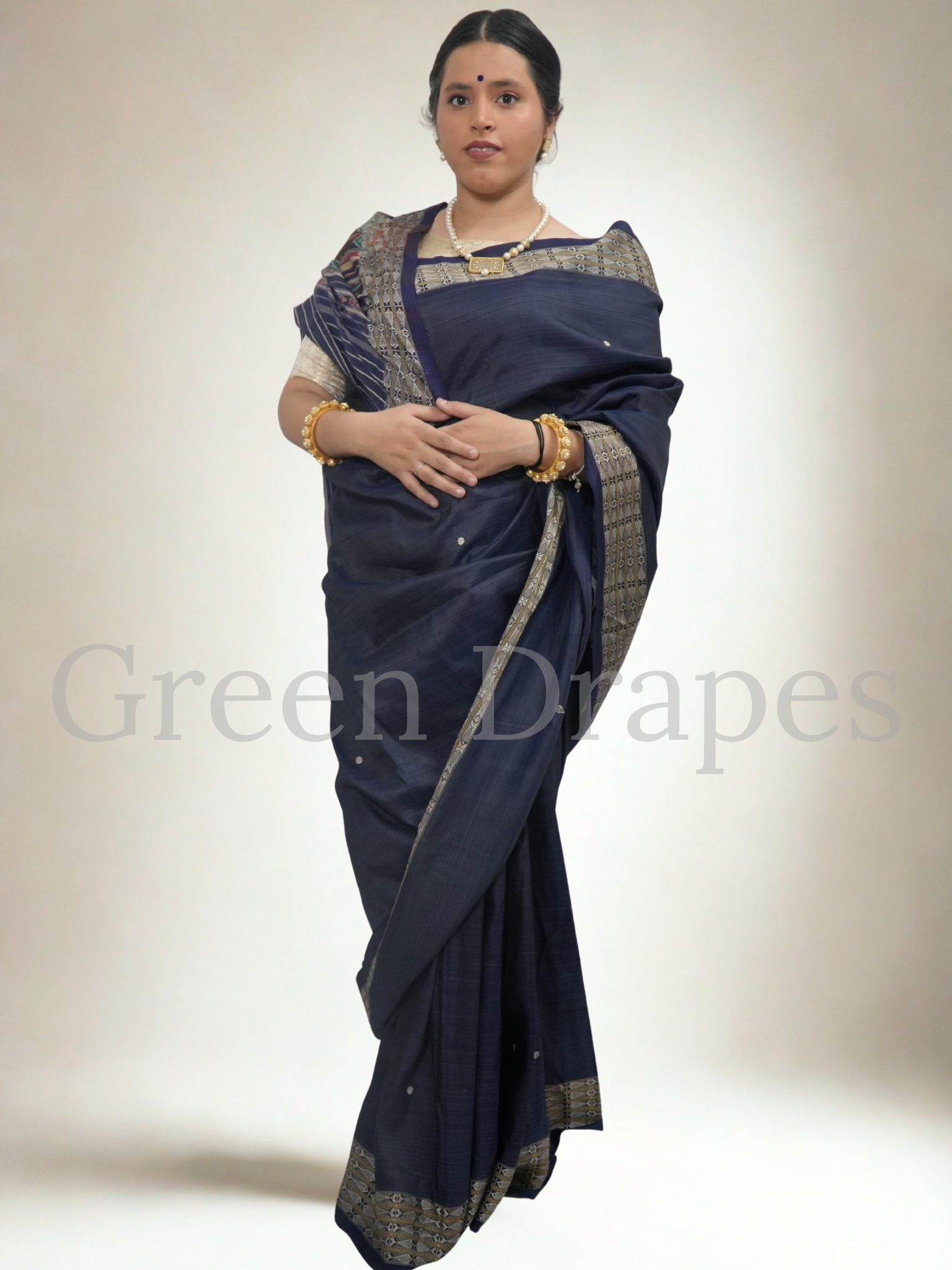 Pre-Loved Odisha Ikat Silk Saree — Ink Blue Body with Zari Border & Traditional Ikat Pallu