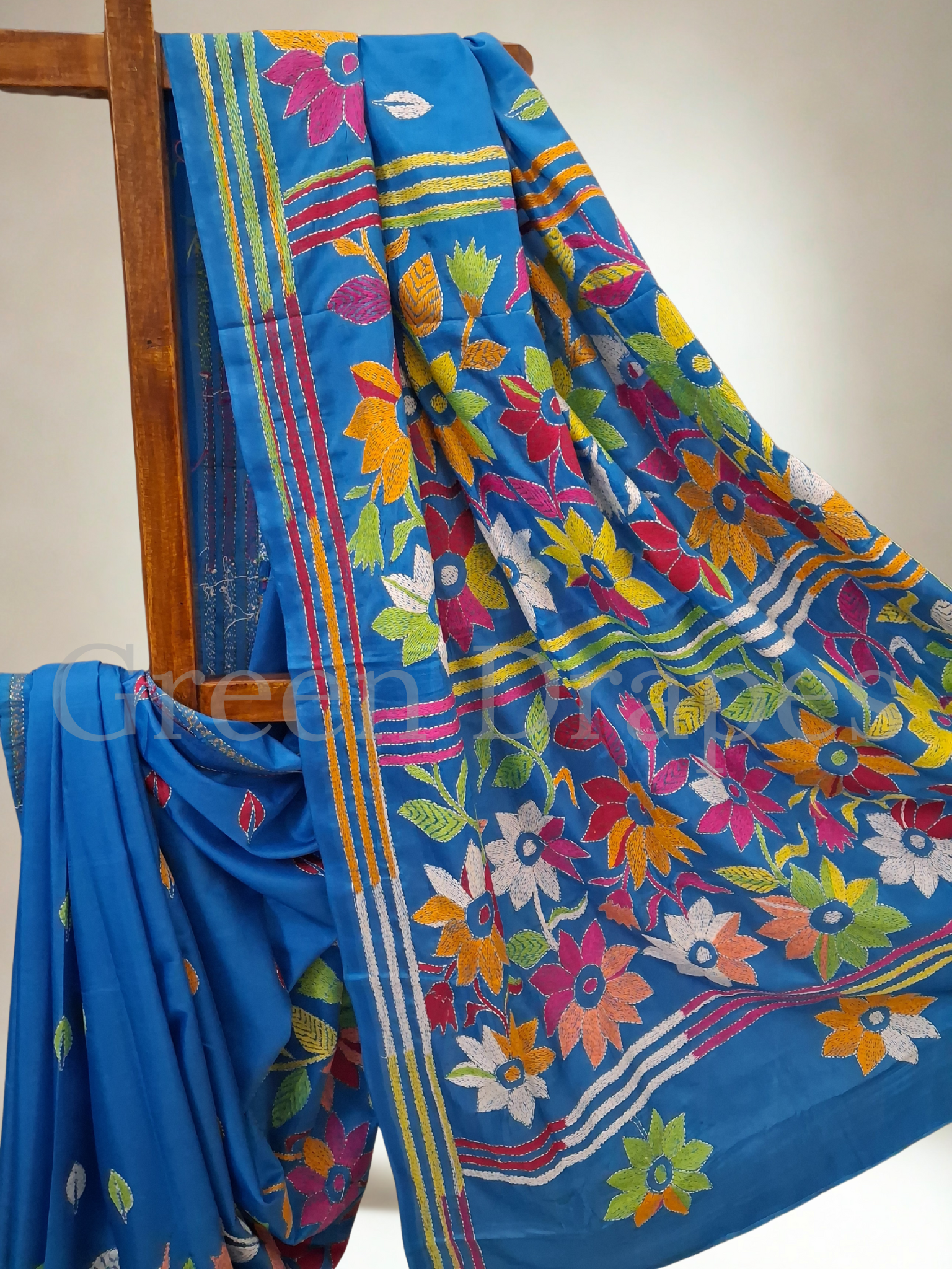 Kantha Style Multicolour Floral Embroidered Art Silk Saree — Turquoise Blue