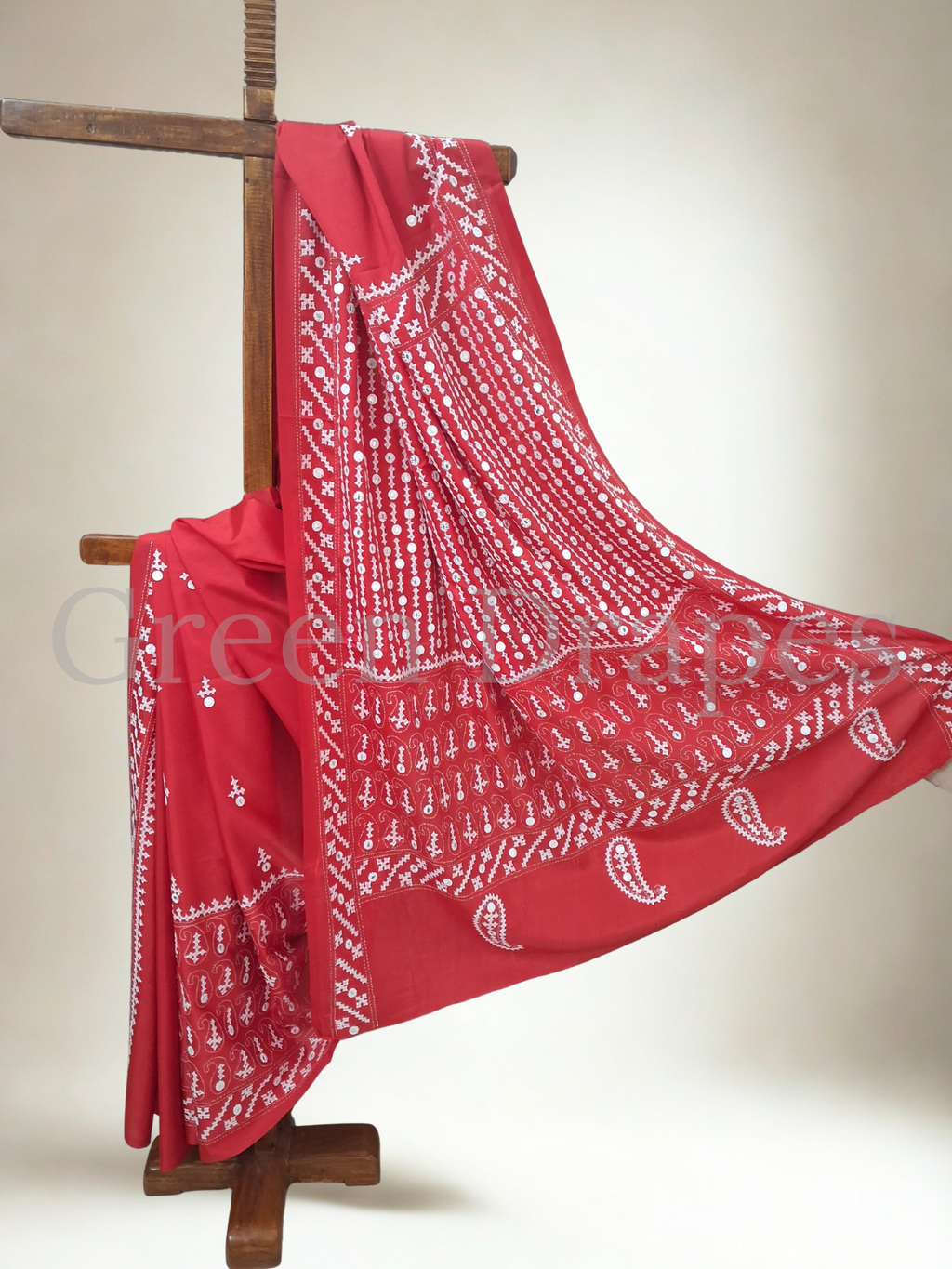 Gujarati Embroidered Art Silk Saree with Mirror Work — Red & White