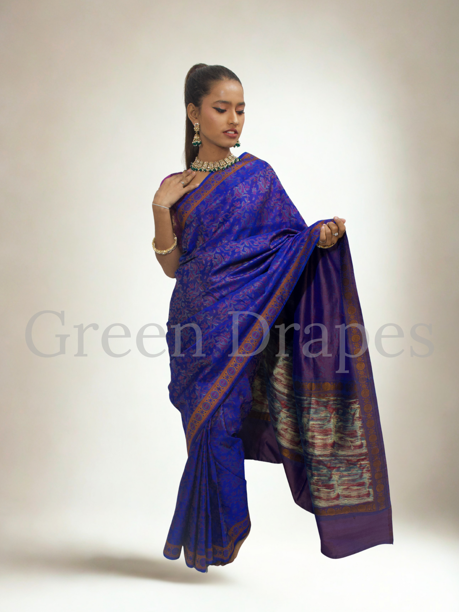 Pre-Loved Silk Saree — Royal Blue All-Over Woven Jaal with Contrast Antique Gold & Rust Border