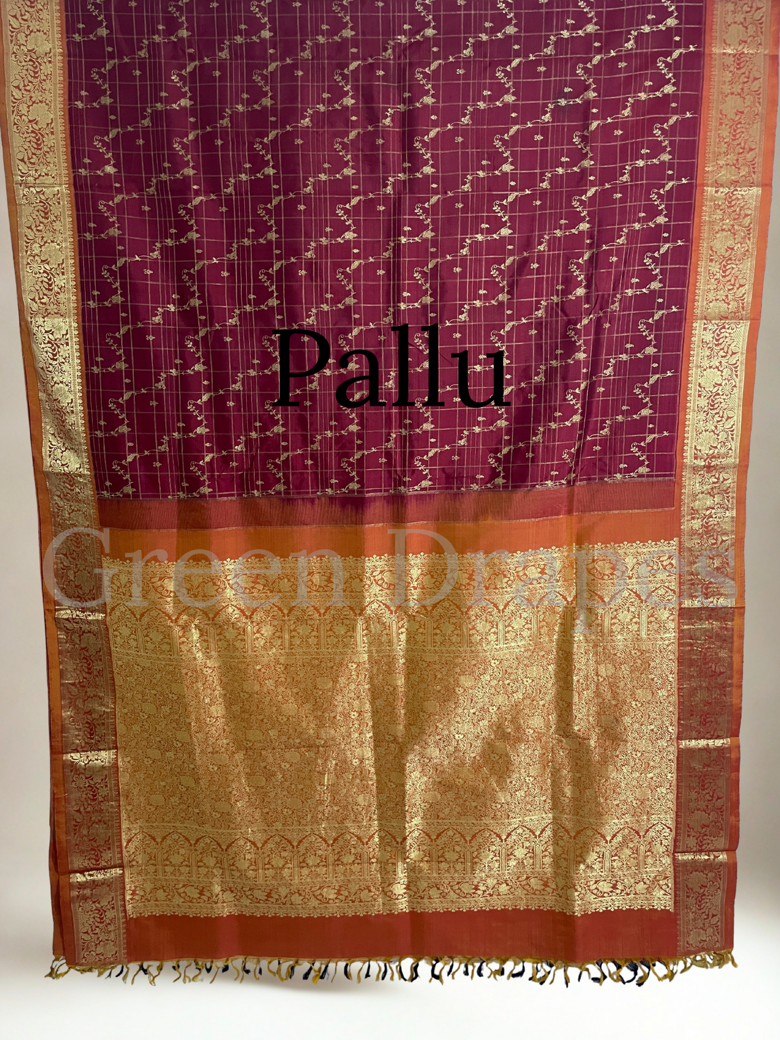Pre-Loved Silk Saree — Maroon Checked Body with Floral Zari Motifs &amp; Burnt Orange Border | Grand Gold Zari Pallu