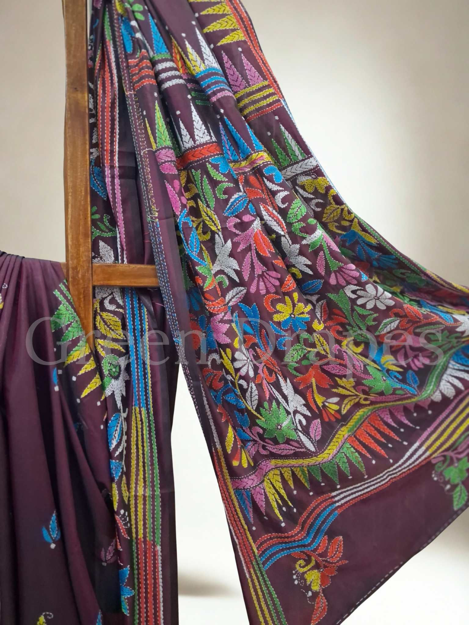 Handcrafted Kantha Saree with Multicolour Floral Embroidery — Wine / Plum Base