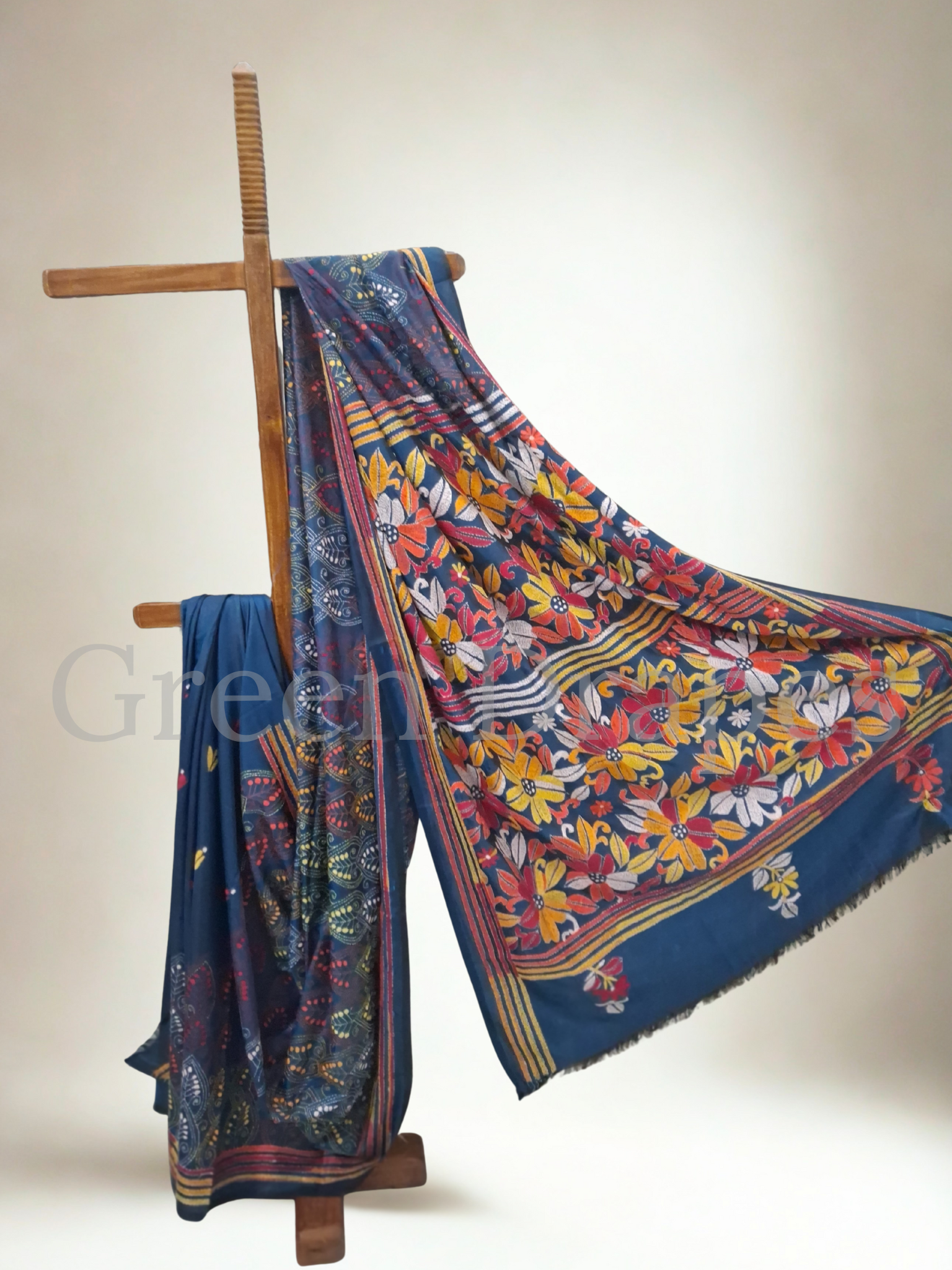 Kantha Style Floral Embroidered Art Silk Saree — Deep Blue Base