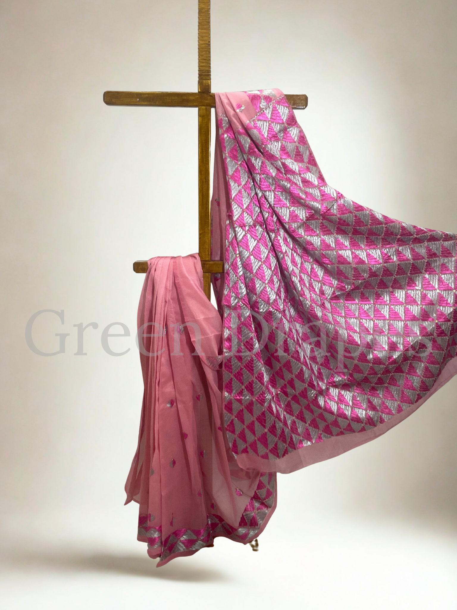 Pink Kota Doria Saree with Pink-Silver Phulkari Embroidery | Lightweight Festive Wear