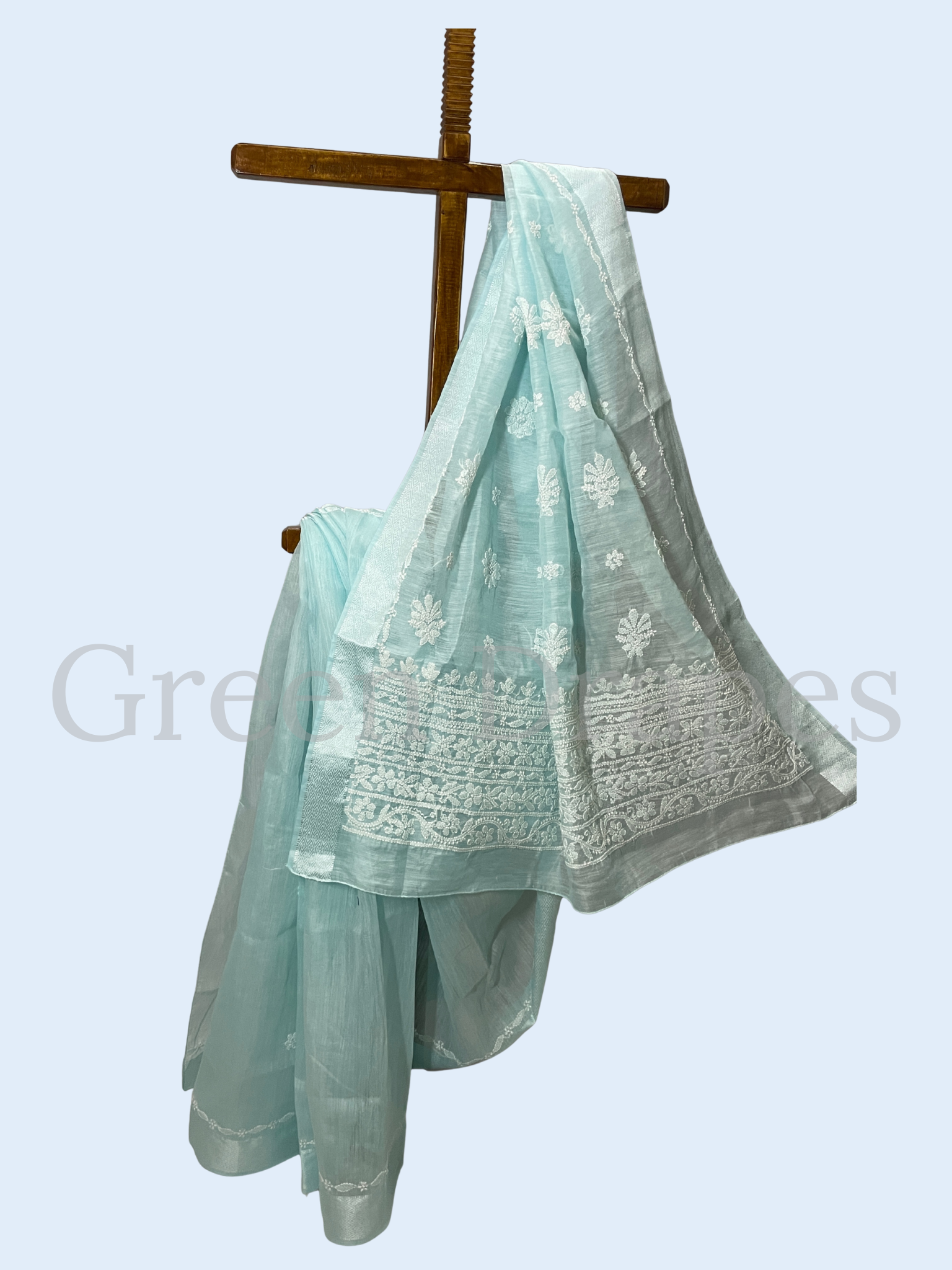 Handcrafted Ice Blue Chikankari Organza Saree – White Floral Buti & Border Embroidery | Lucknowi Chikan Saree