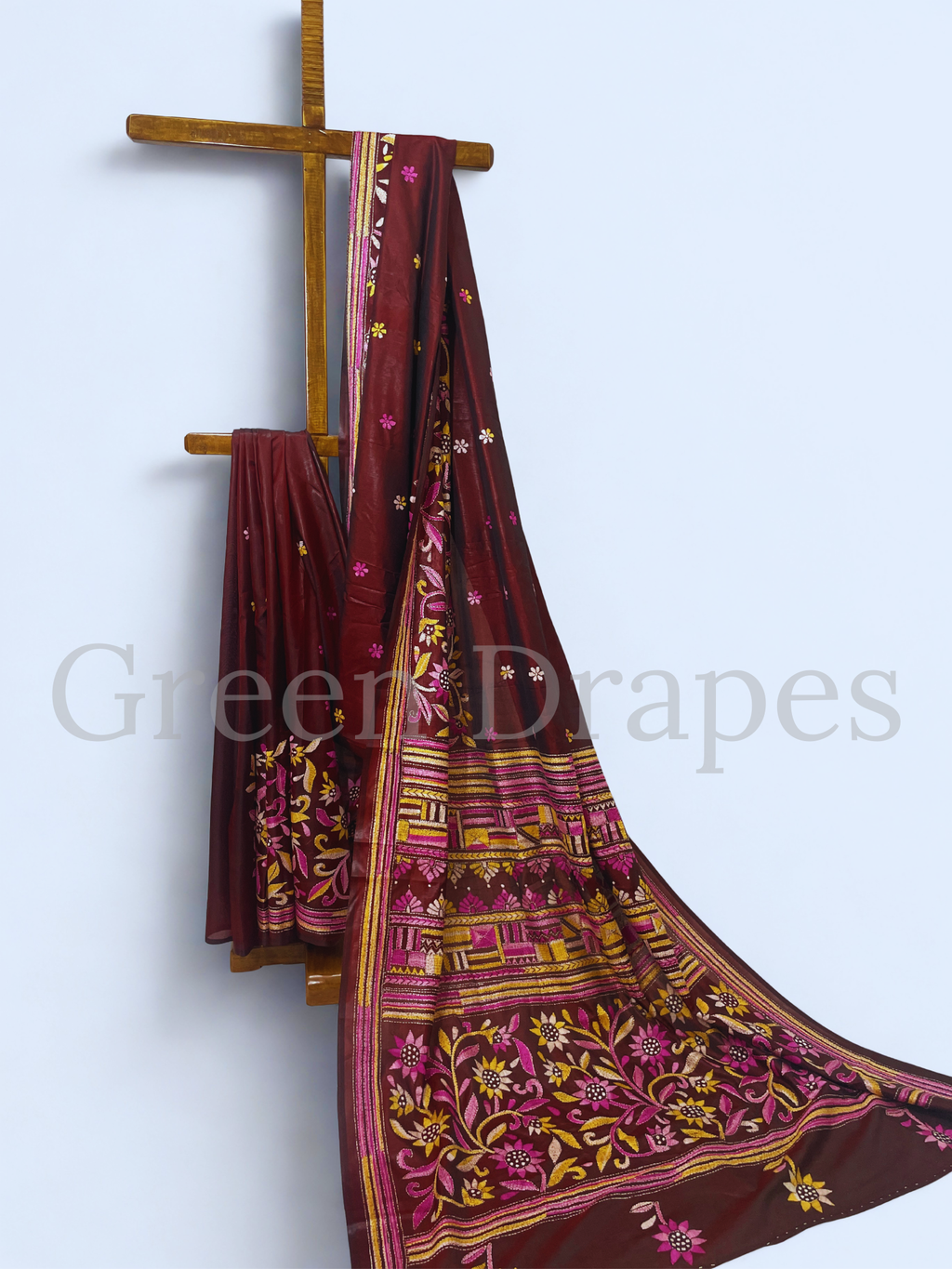 Hand Embroidered Maroon Kantha Stitch Silk Saree – Multicolour Floral & Geometric Thread Work | Bengal Heritage Saree