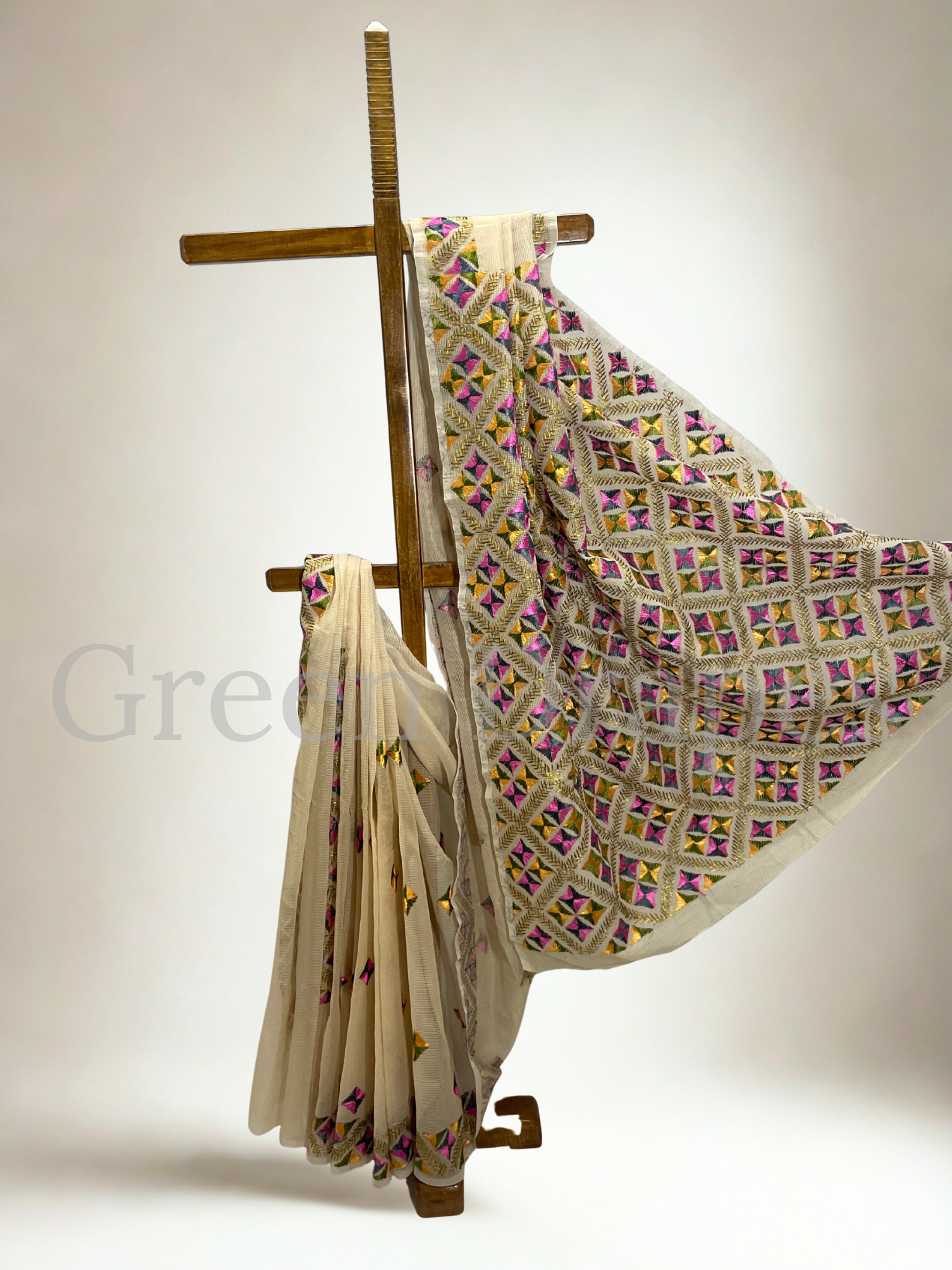 Cream Kota Doria Saree with Olive Green, Pink, Yellow & Mehendi Green Phulkari Embroidery