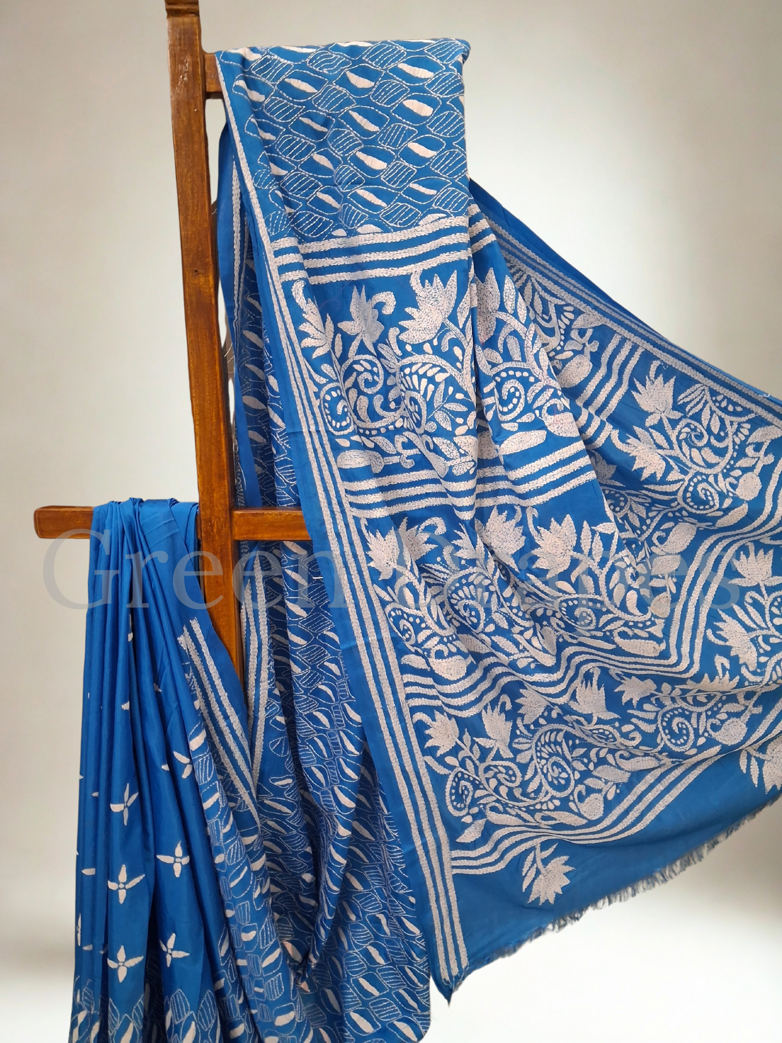 Blue Kantha Hand-Embroidered Saree (White Thread Work)