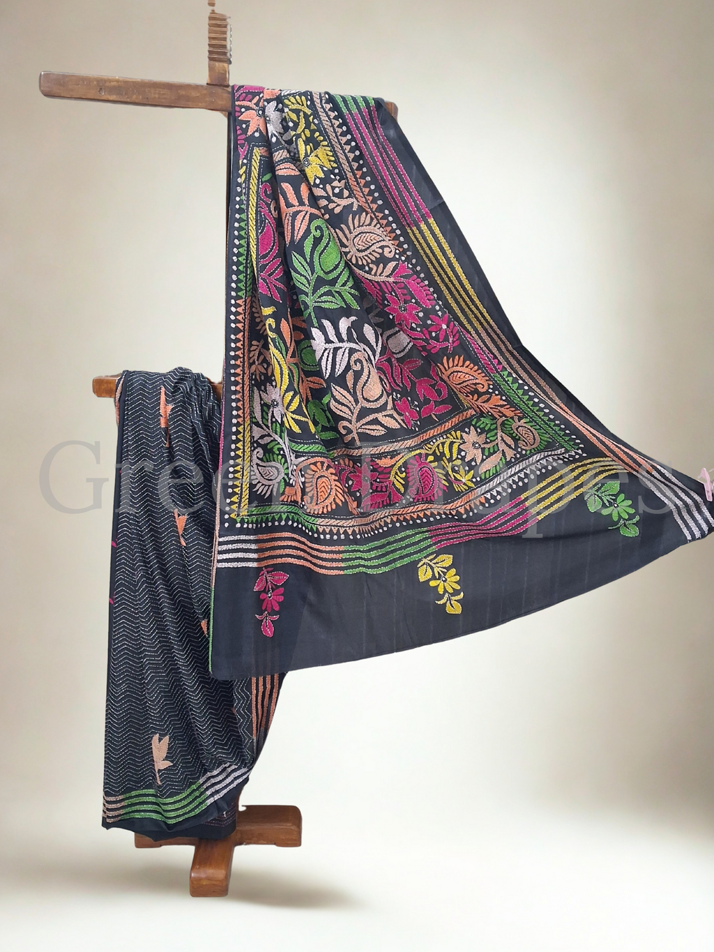 Kantha Style Floral Embroidered Art Silk Saree — Black Base