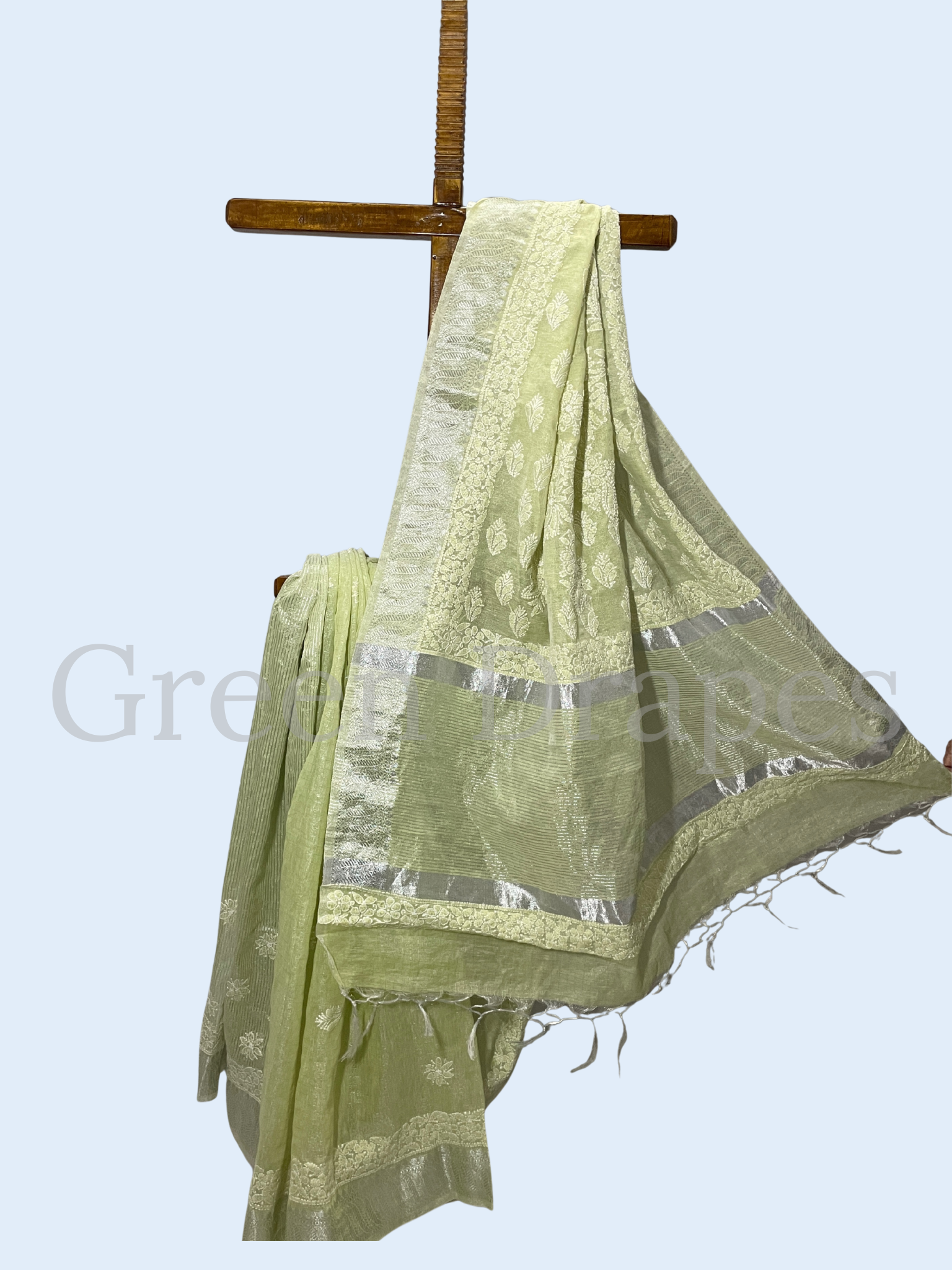 Handcrafted Sage Green Chikankari Organza Saree – White Floral Jaal Embroidery | Lucknowi Chikan Saree