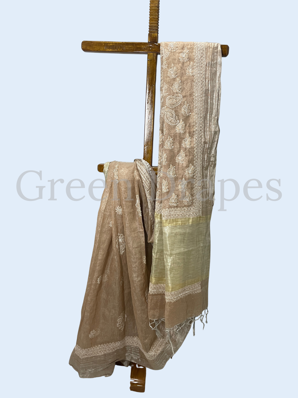 Handcrafted Taupe Brown Chikankari Organza Saree – White Paisley & Floral Jaal Embroidery | Lucknowi Chikan Saree