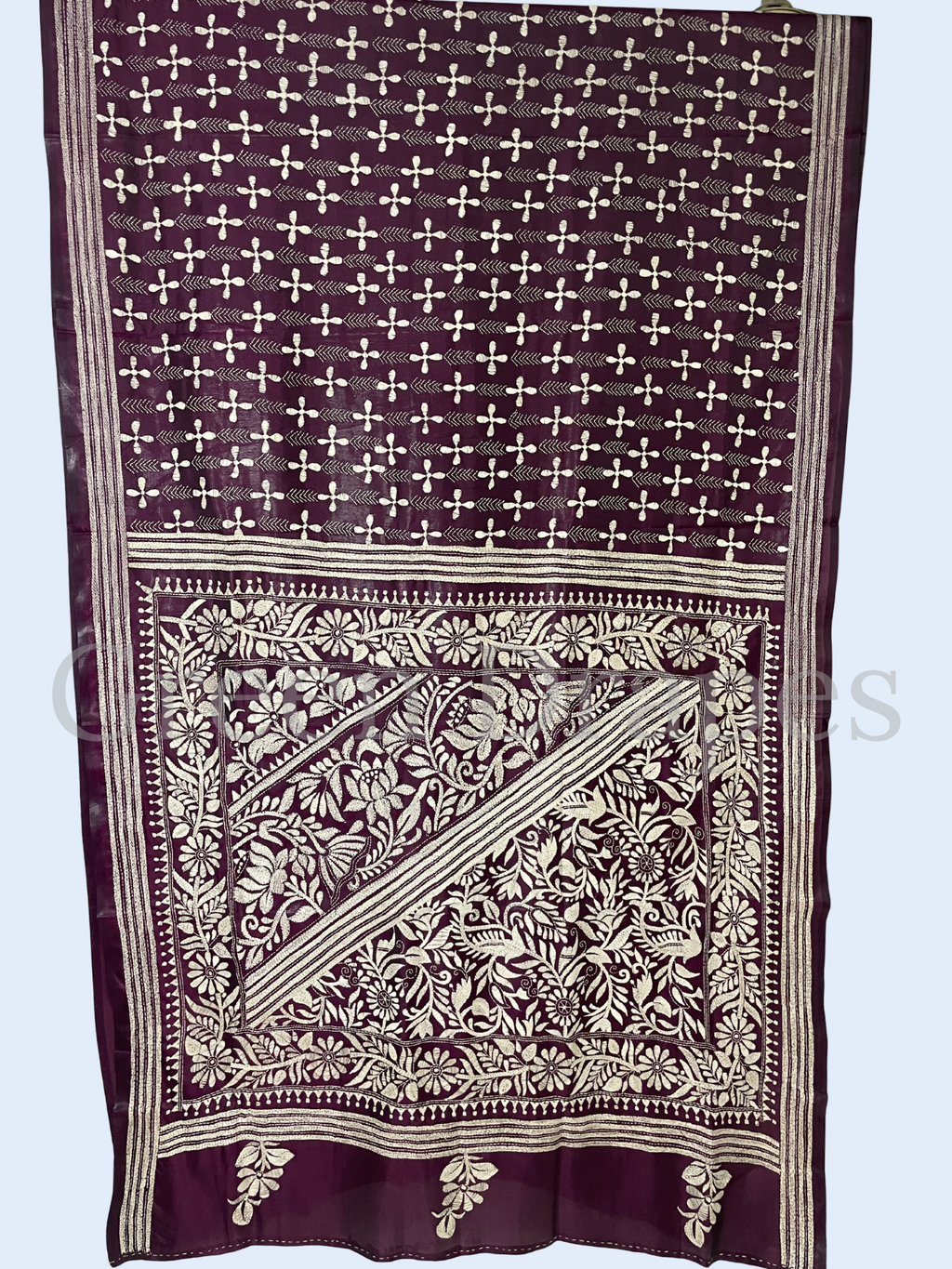 Hand Embroidered Plum Purple Kantha Stitch Silk Saree – Bengal Floral Motif Saree | Traditional Kantha Work