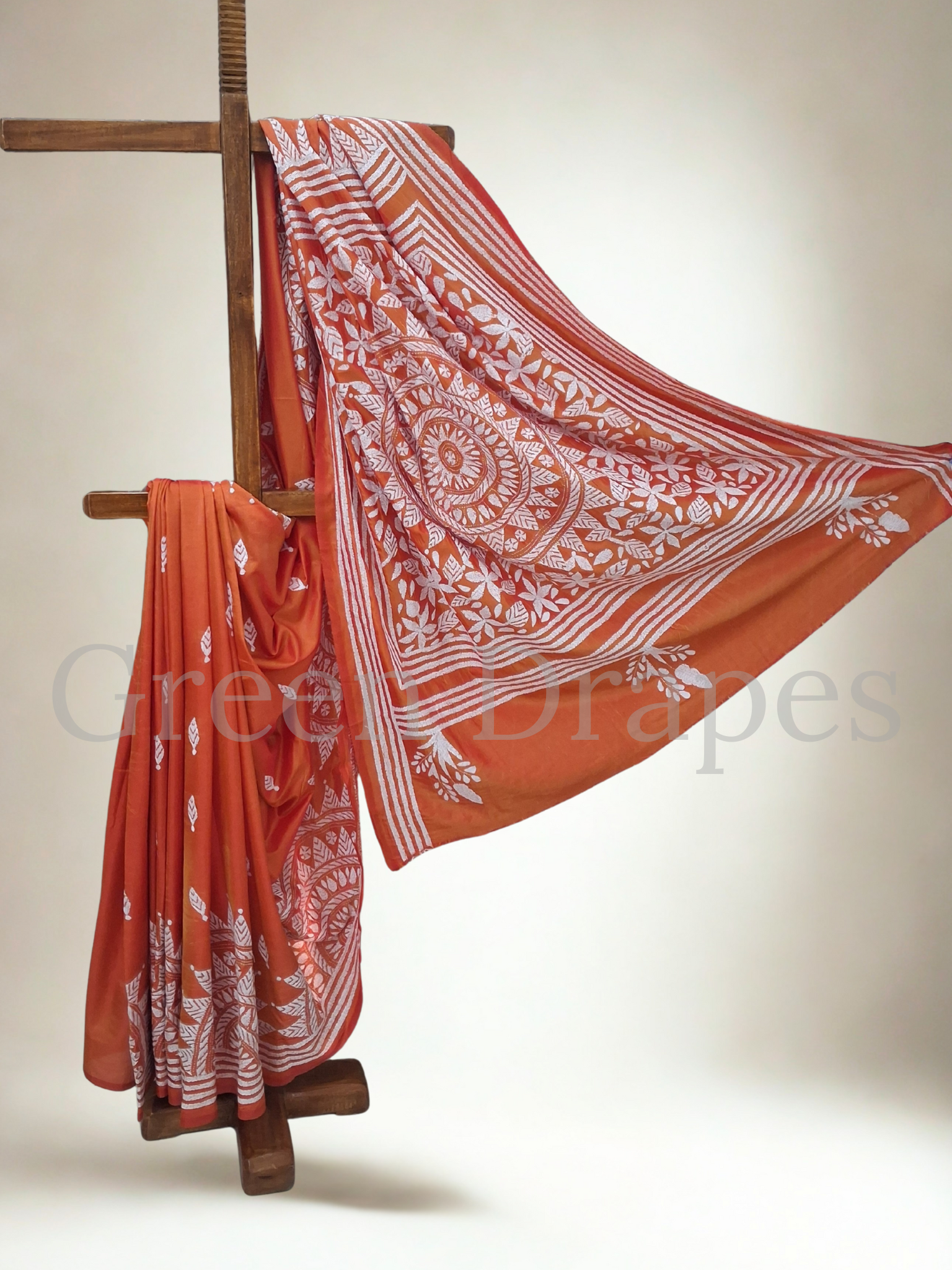 Kantha White Thread Embroidered Art Silk Saree — Rust Orange Base