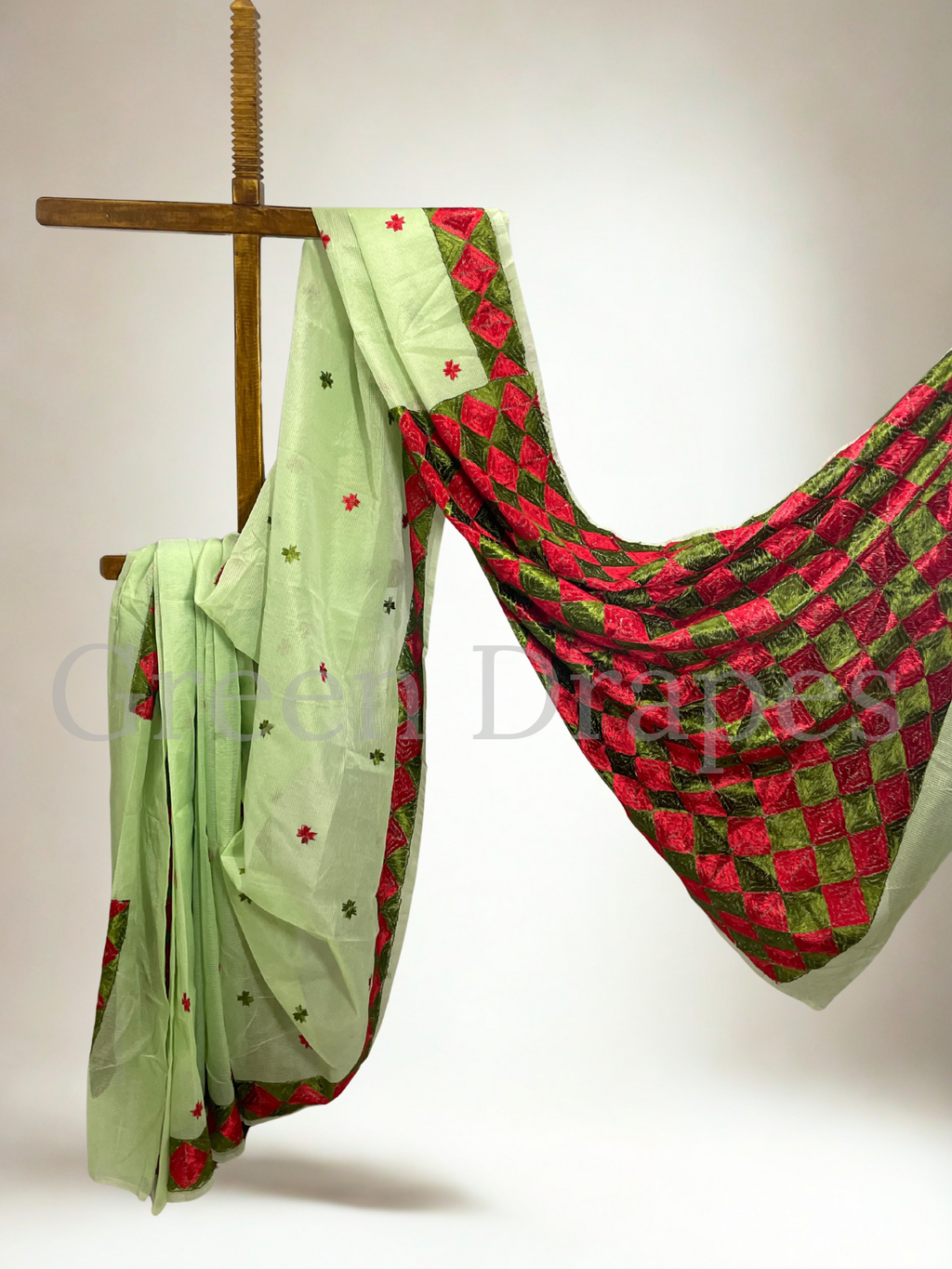 Green Kota Doria Saree with Red and Green Phulkari Geometric Work | Lightweight Festive Wear