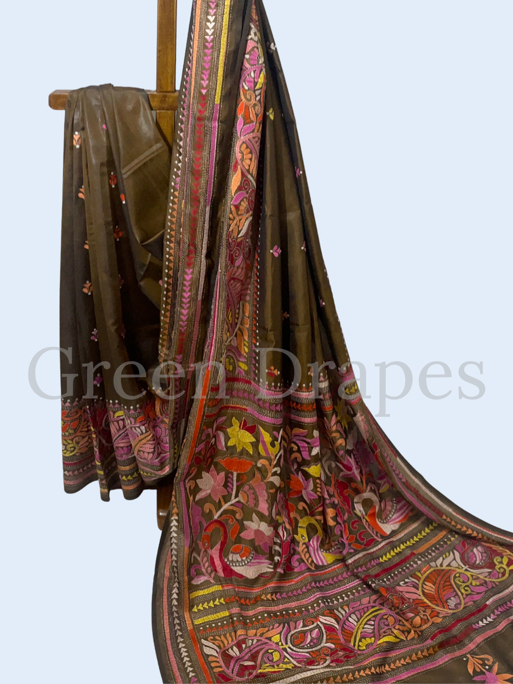 Hand Embroidered Olive Green Kantha Stitch Silk Saree – Multicolour Floral & Paisley Thread Work | Bengal Heritage Saree