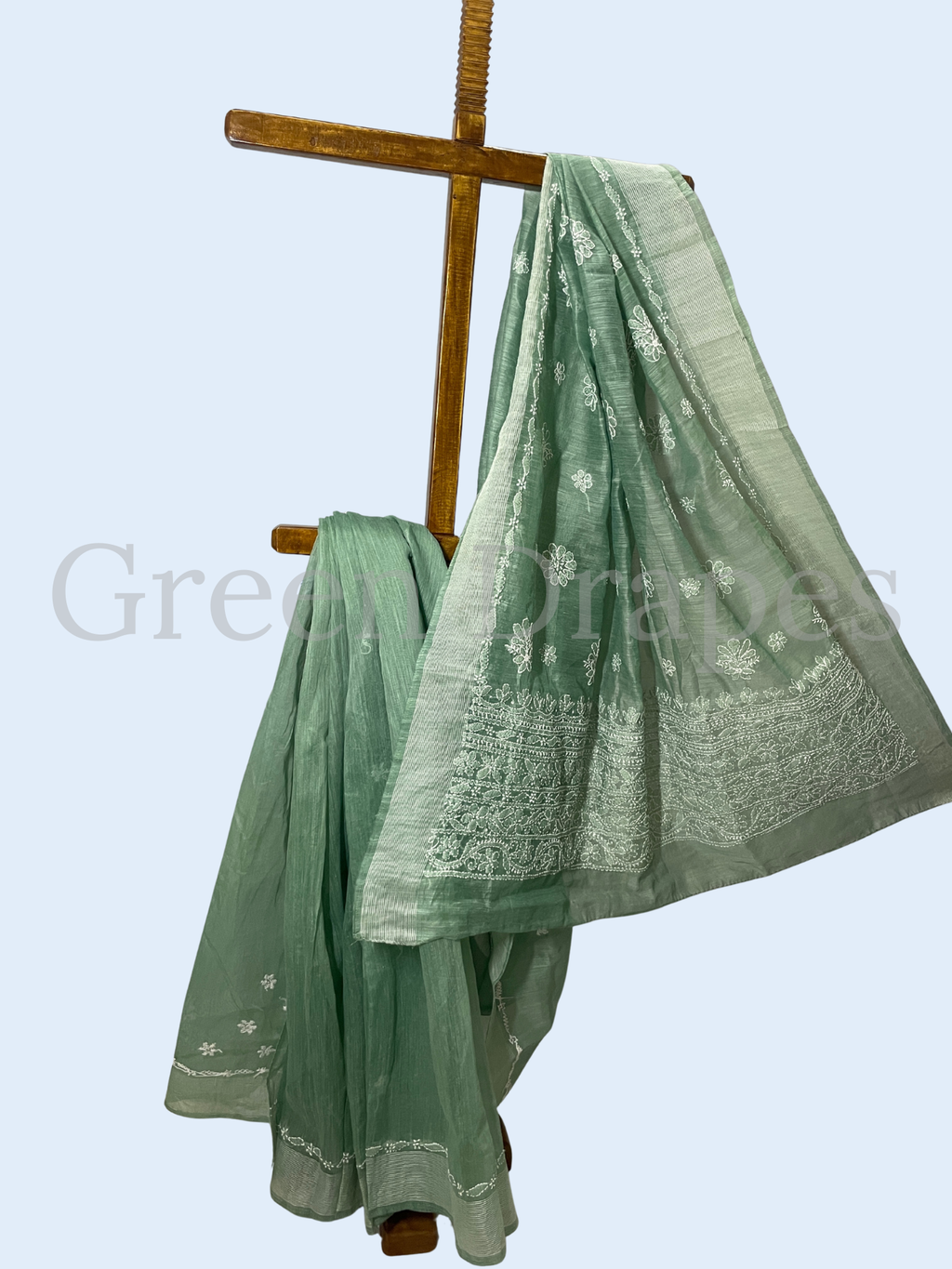 Handcrafted Dusty Mint Green Chikankari Organza Saree – White Floral Buti & Heavy Embroidered Border | Lucknowi Chikan Saree