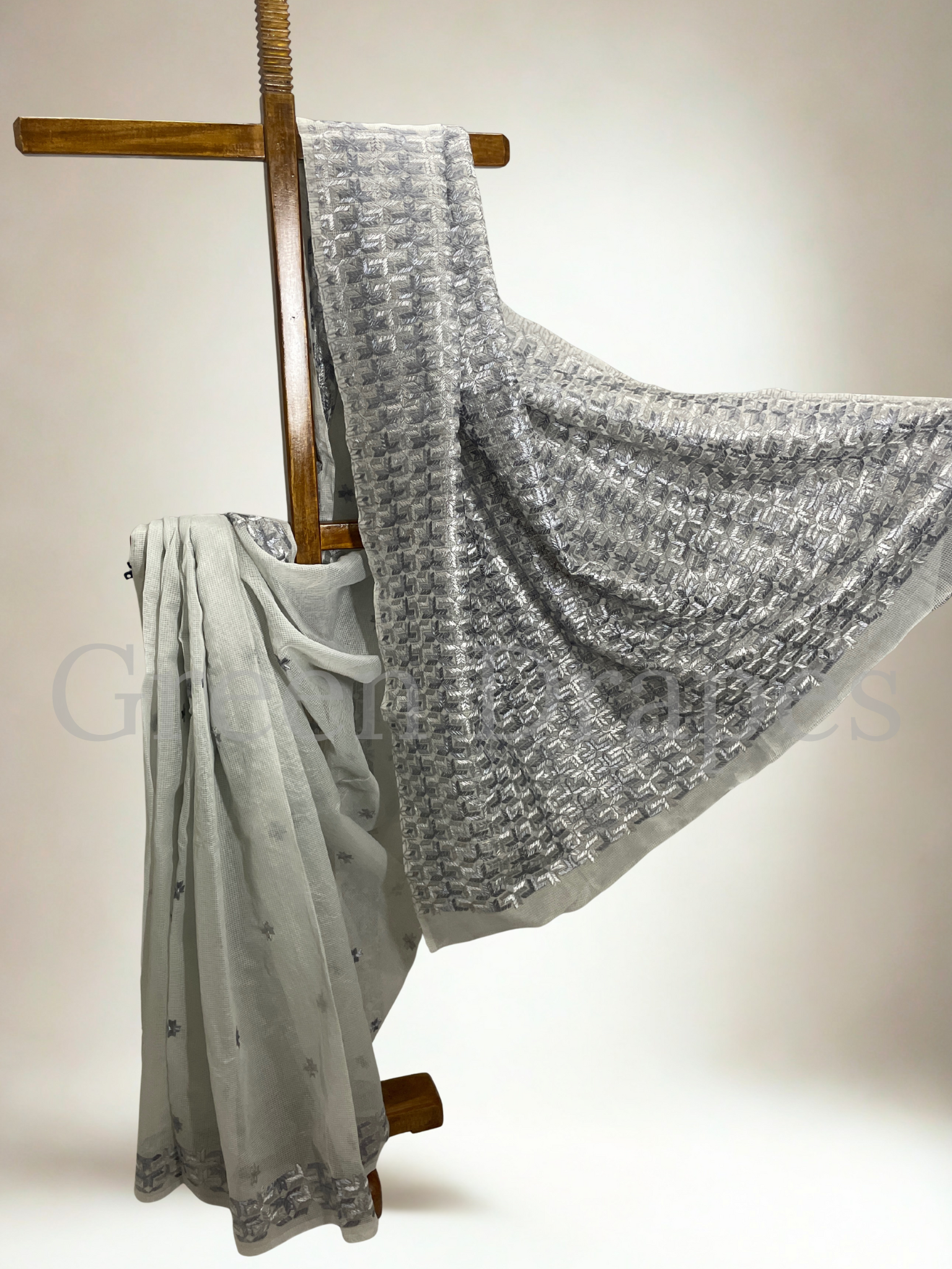 Silver Grey Phulkari Embroidered Kota Doria Saree