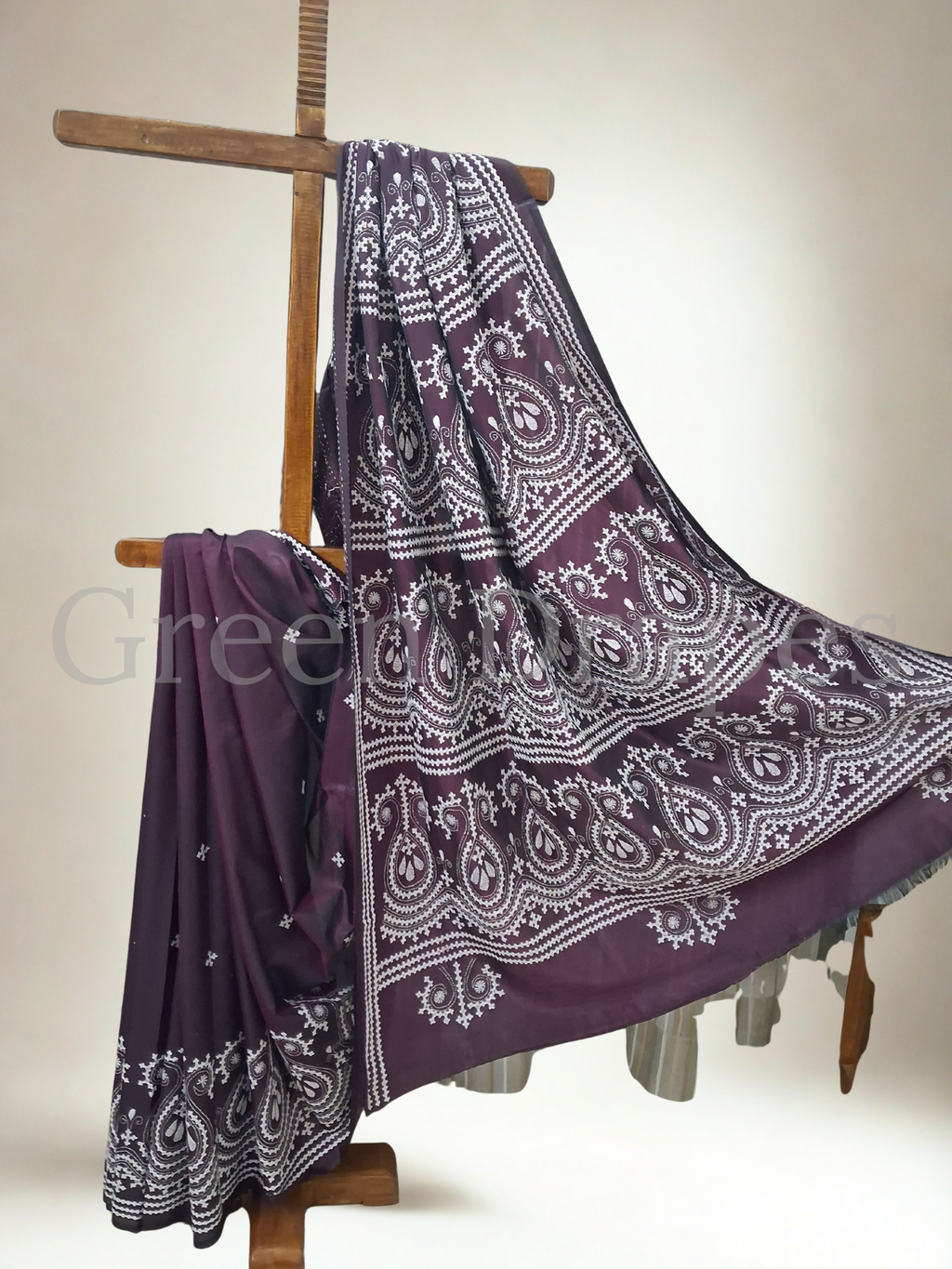 Gujarati Embroidered Blended Bangalore Silk Saree — Deep Wine Purple