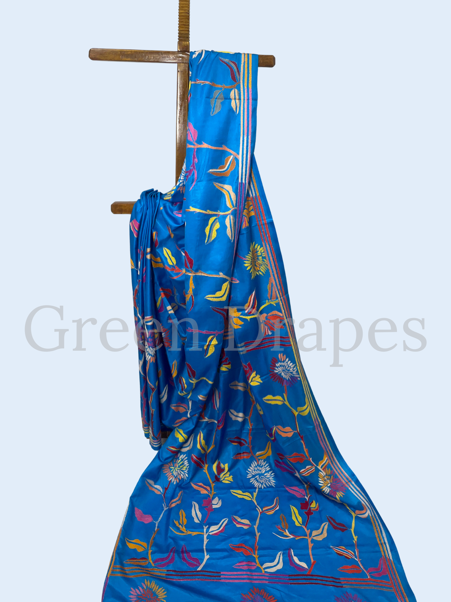 Hand Embroidered Royal Blue Kantha Stitch Silk Saree – Multicolour Floral Thread Work | Bengal Traditional Saree