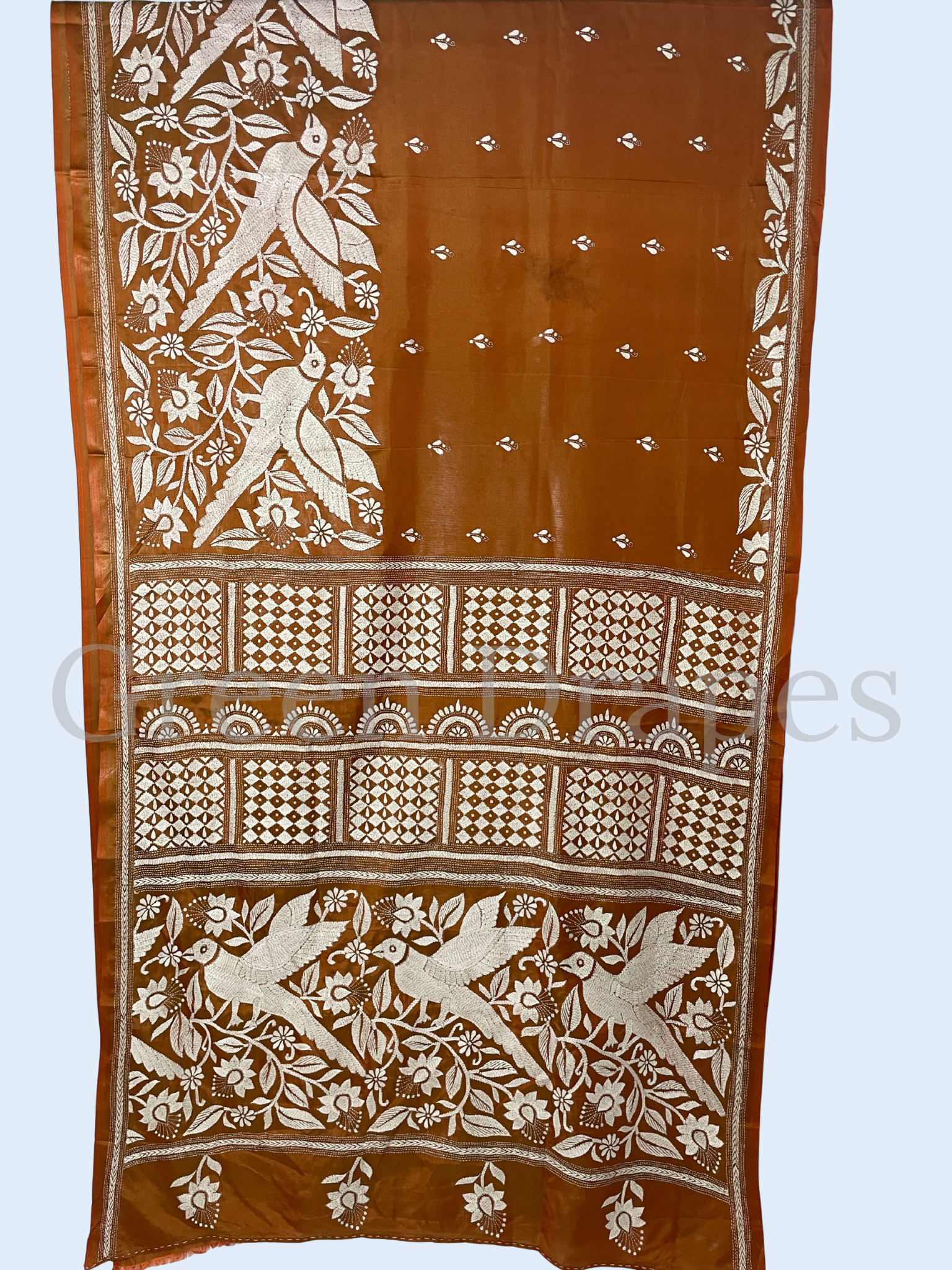 Hand Embroidered Rust Brown Kantha Stitch Silk Saree – Ivory Floral & Bird Thread Work | Bengal Heritage Saree