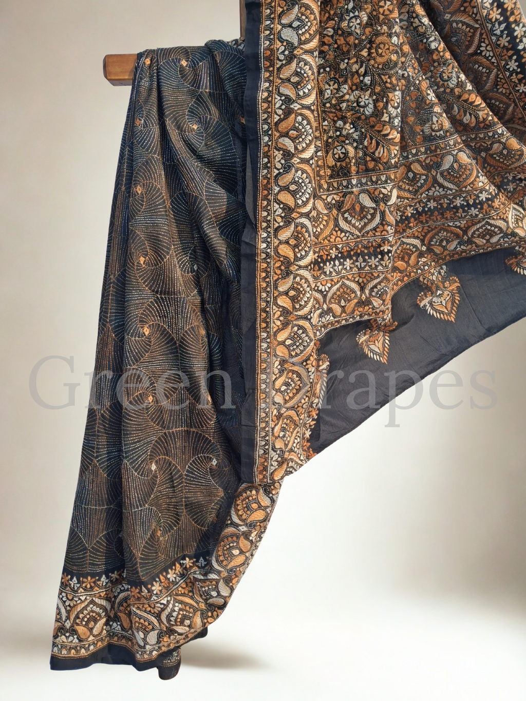 Pre-Loved Silk Kantha Saree — Black Base with Rust & Ivory Hand-Embroidered Floral Panels