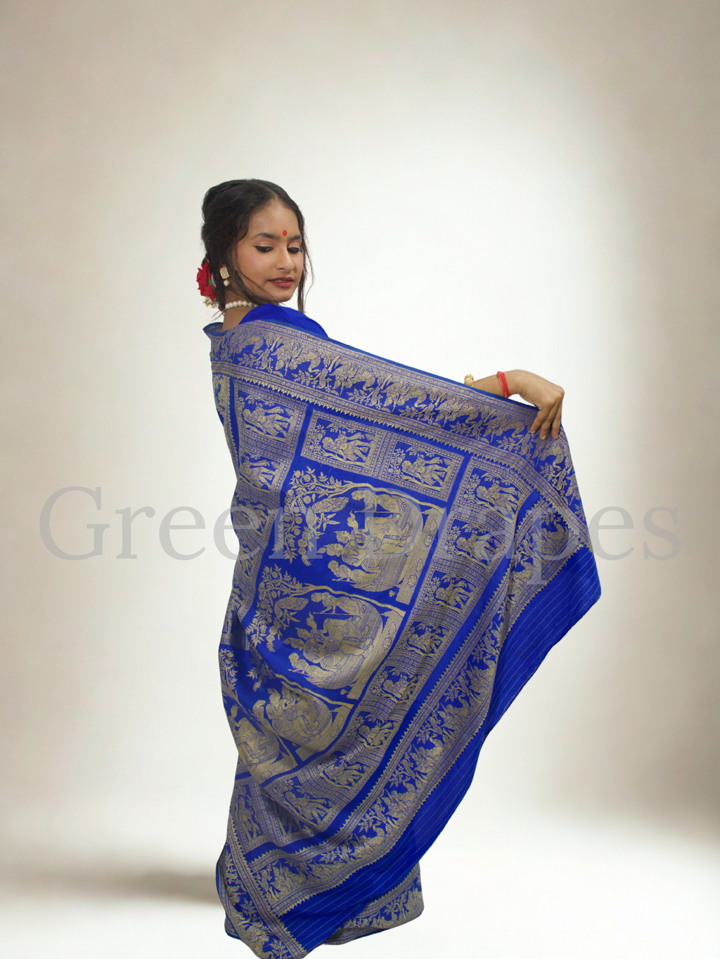 ✨ Preloved Pure Silk Baluchari Saree — Royal Blue with Antique Gold Zari