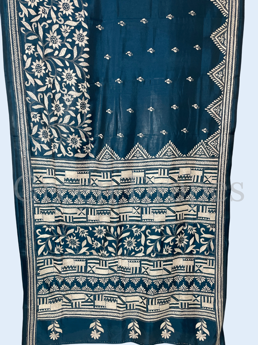 Hand Embroidered Teal Blue Kantha Stitch Silk Saree – Bengal Traditional Thread Work | Floral & Geometric Motifs