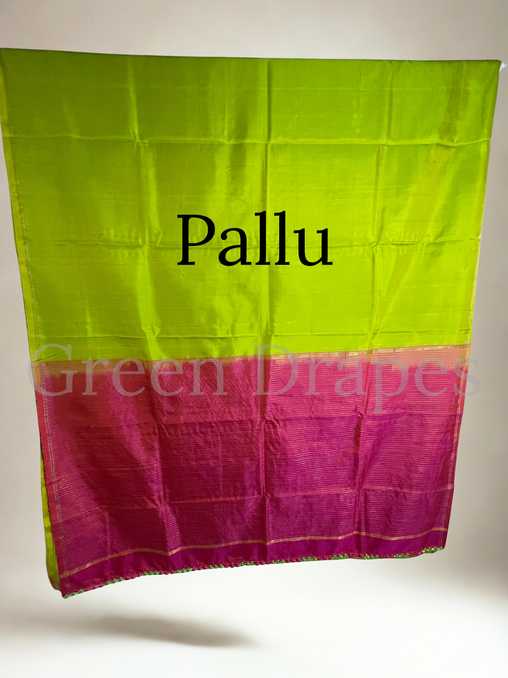 Pre-Loved Silk Saree — Dual Tone Lime Green & Pink with Contrast Stripes and Handmade Saree Kuchu