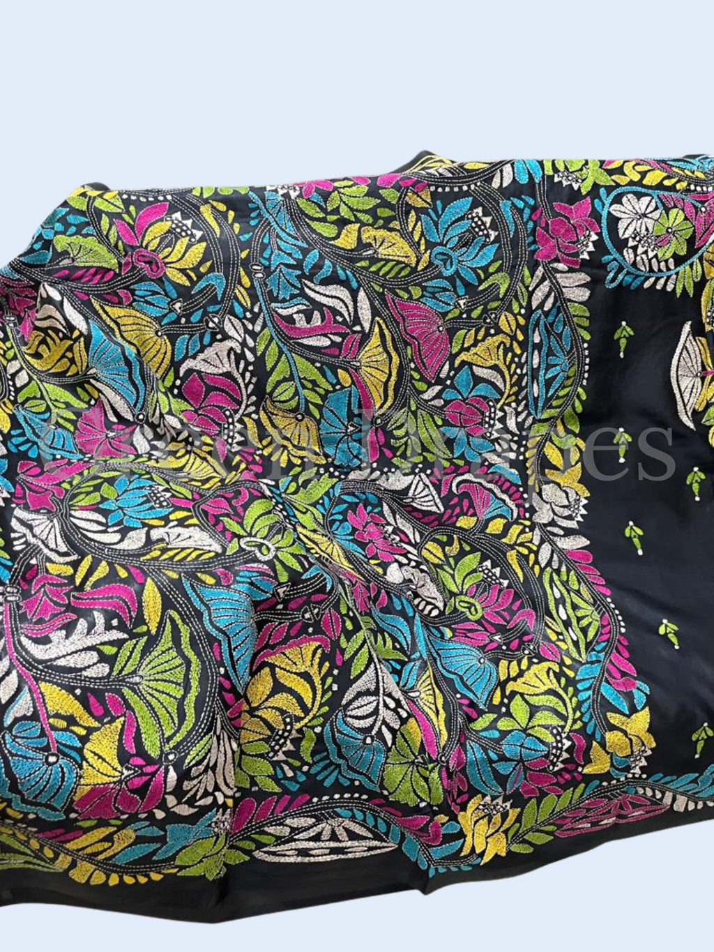 Handcrafted Black Kantha Stitch Silk Saree – Multicolour Floral Embroidery | Bengal Kantha Saree