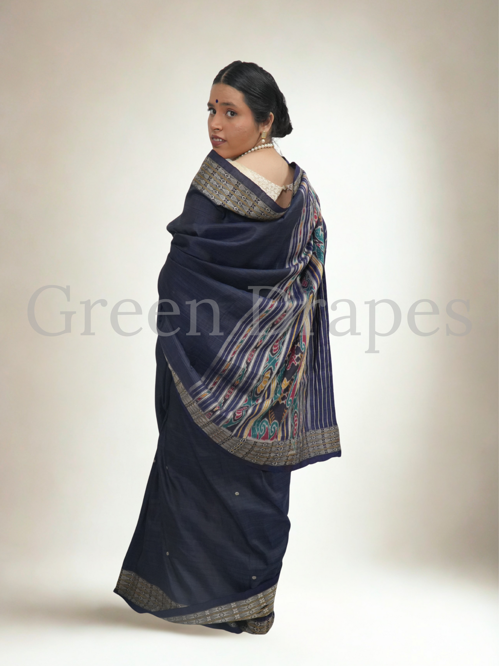 Pre-Loved Odisha Ikat Silk Saree — Ink Blue Body with Zari Border & Traditional Ikat Pallu