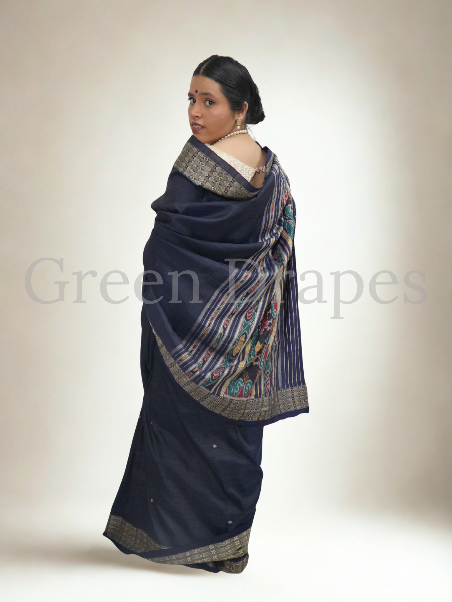 Pre-Loved Odisha Ikat Silk Saree — Ink Blue Body with Zari Border & Traditional Ikat Pallu